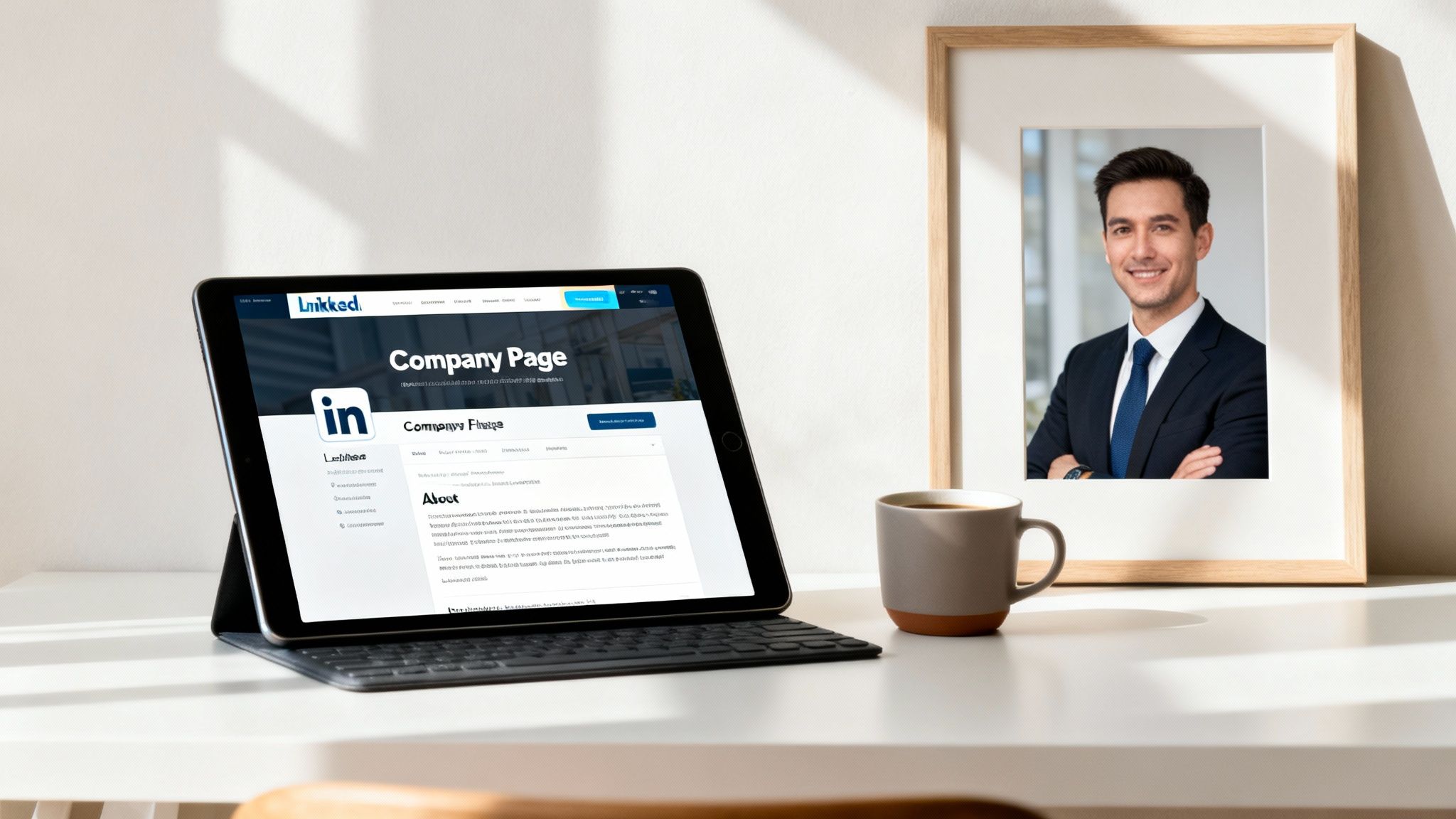 Modern workspace featuring a tablet displaying a company page, a framed professional portrait, and a coffee mug.