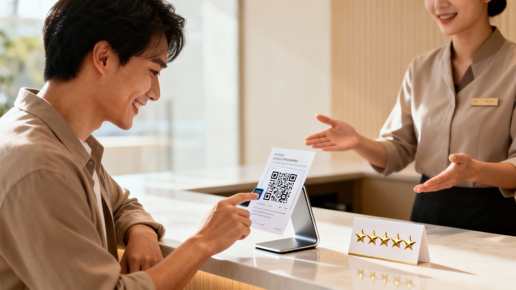 A smiling man checks in at a hotel reception, scanning a QR code while a staff member assists.