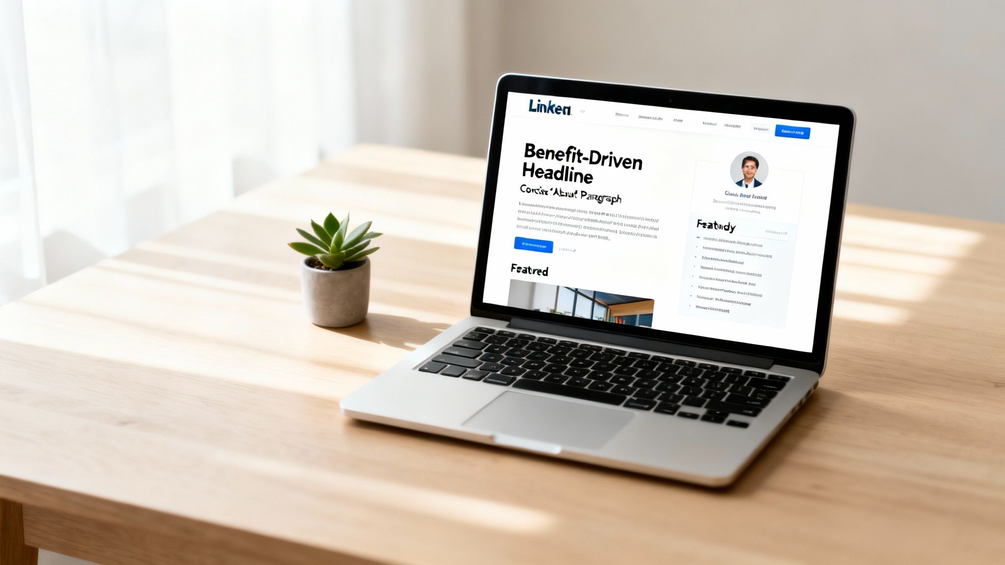 A silver laptop displaying a Linken profile page on a wooden desk, next to a small succulent plant.
