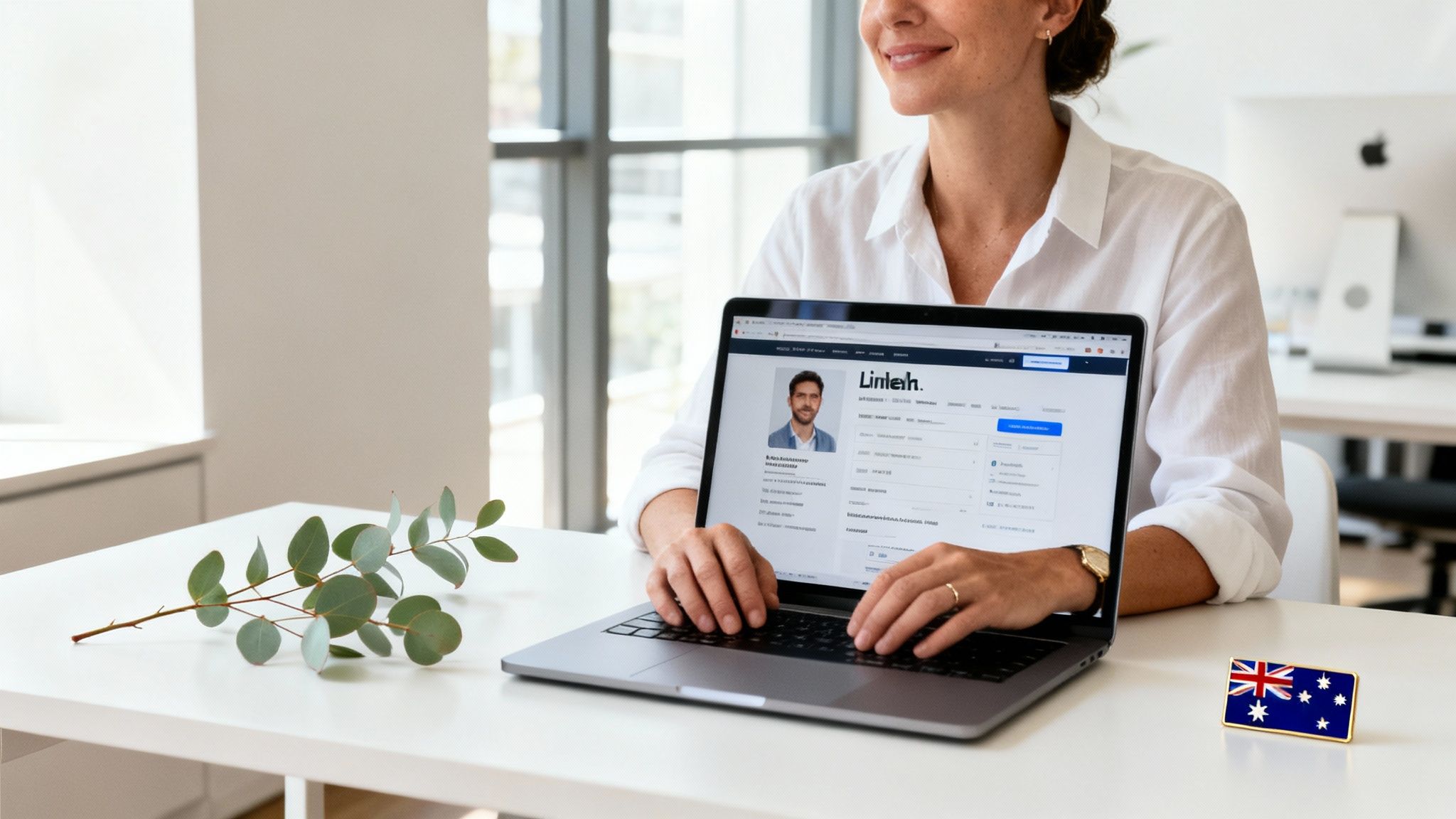 A smiling person works on a laptop showing a LinkedIn profile, with an Australian flag pin and eucalyptus.