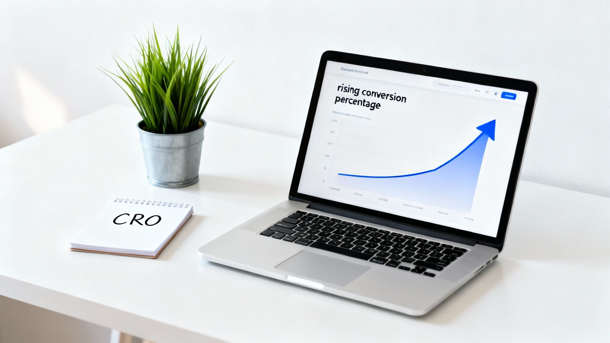 Laptop displays a rising conversion percentage graph next to a 'CRO' notepad on a white desk.