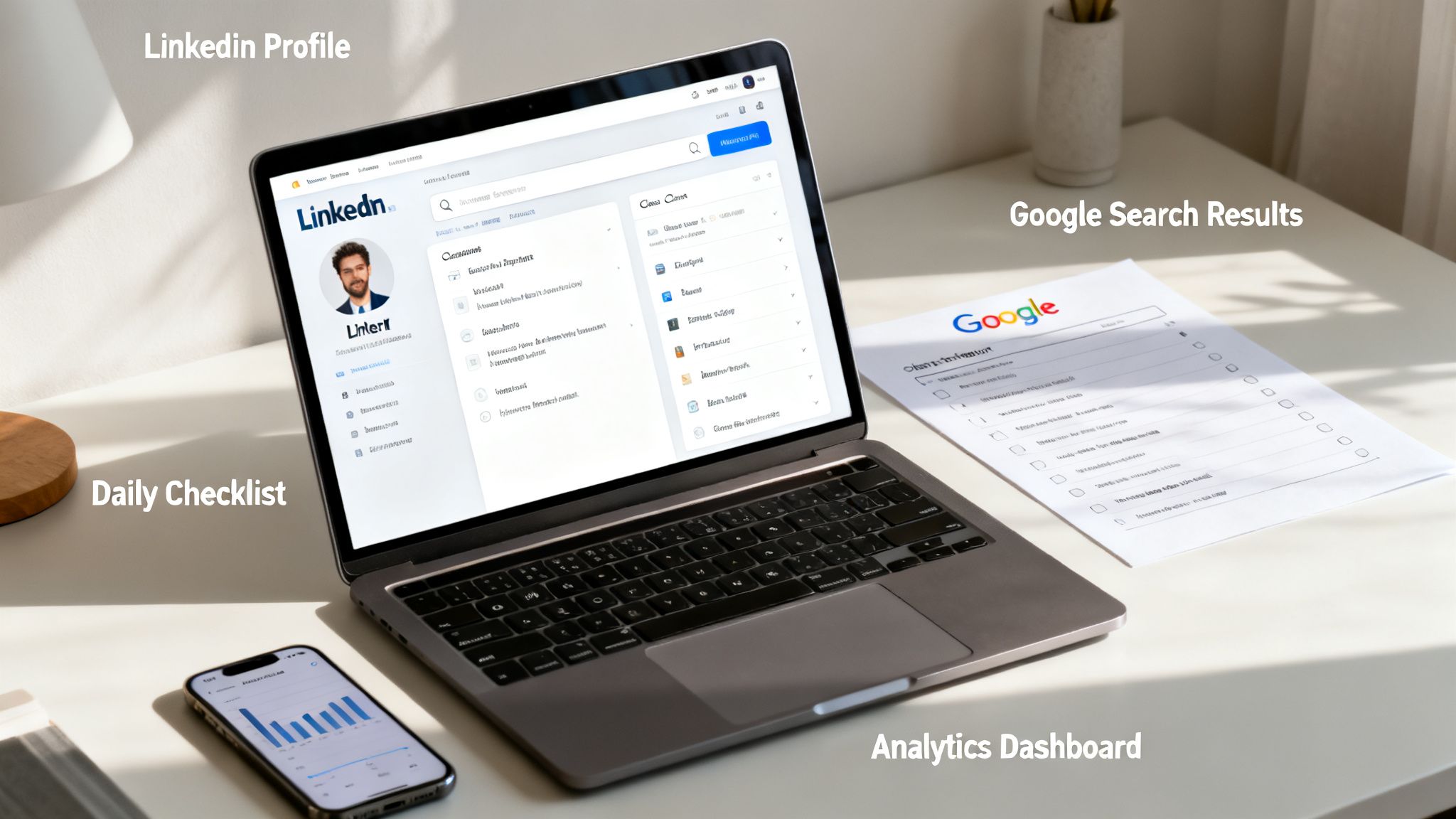 A modern workspace featuring a laptop with LinkedIn, a Google search results paper, and an analytics phone.