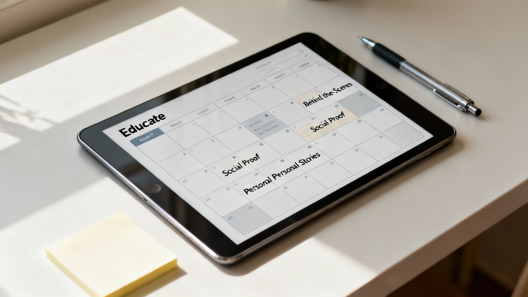 A tablet on a white desk displays a content calendar with 'Educate', 'Social Proof' entries, next to a pen.
