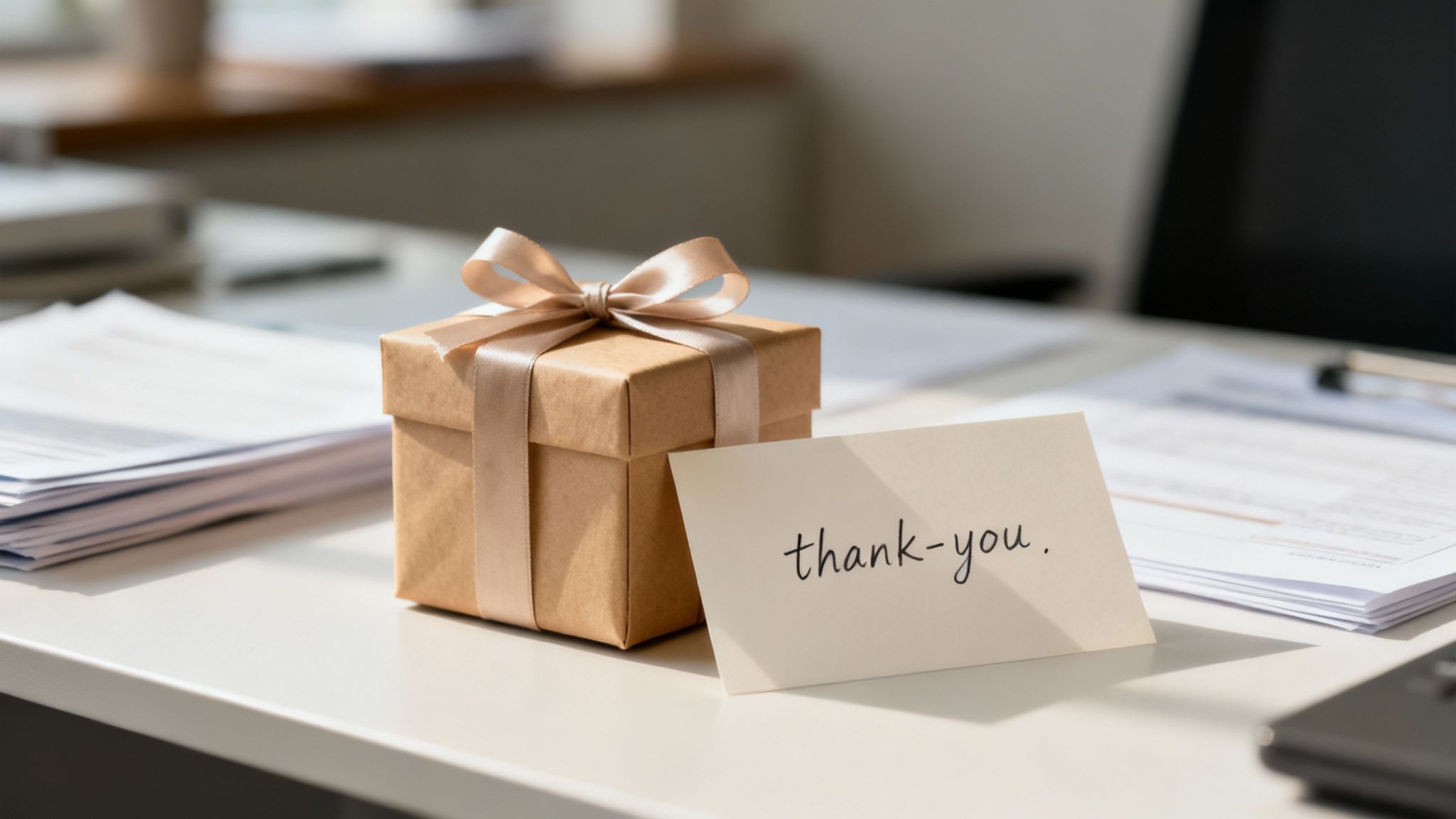 A thoughtful thank-you gift box and card on a clean office desk.