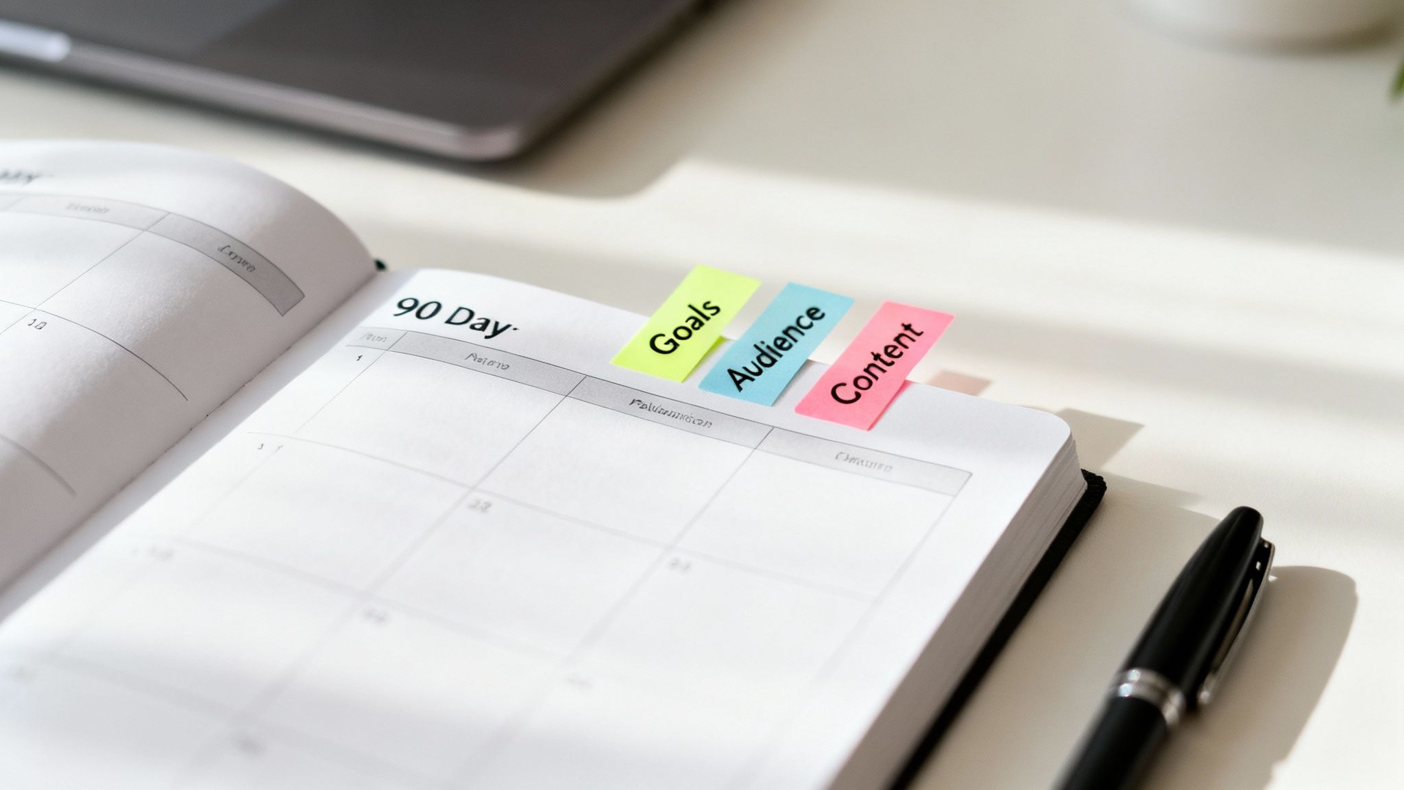 A person at a desk outlining a 90-day plan on a calendar, with a laptop and coffee nearby.