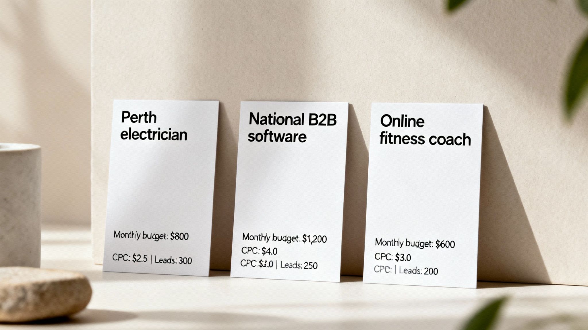 Three white cards displaying Google Ads cost examples for electrician, B2B software, and fitness coach businesses