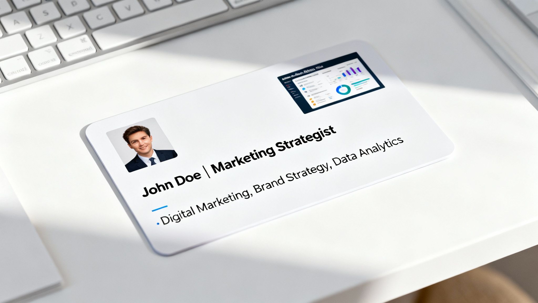 Professional business card displaying marketing strategist profile with photo and digital marketing expertise on desk
