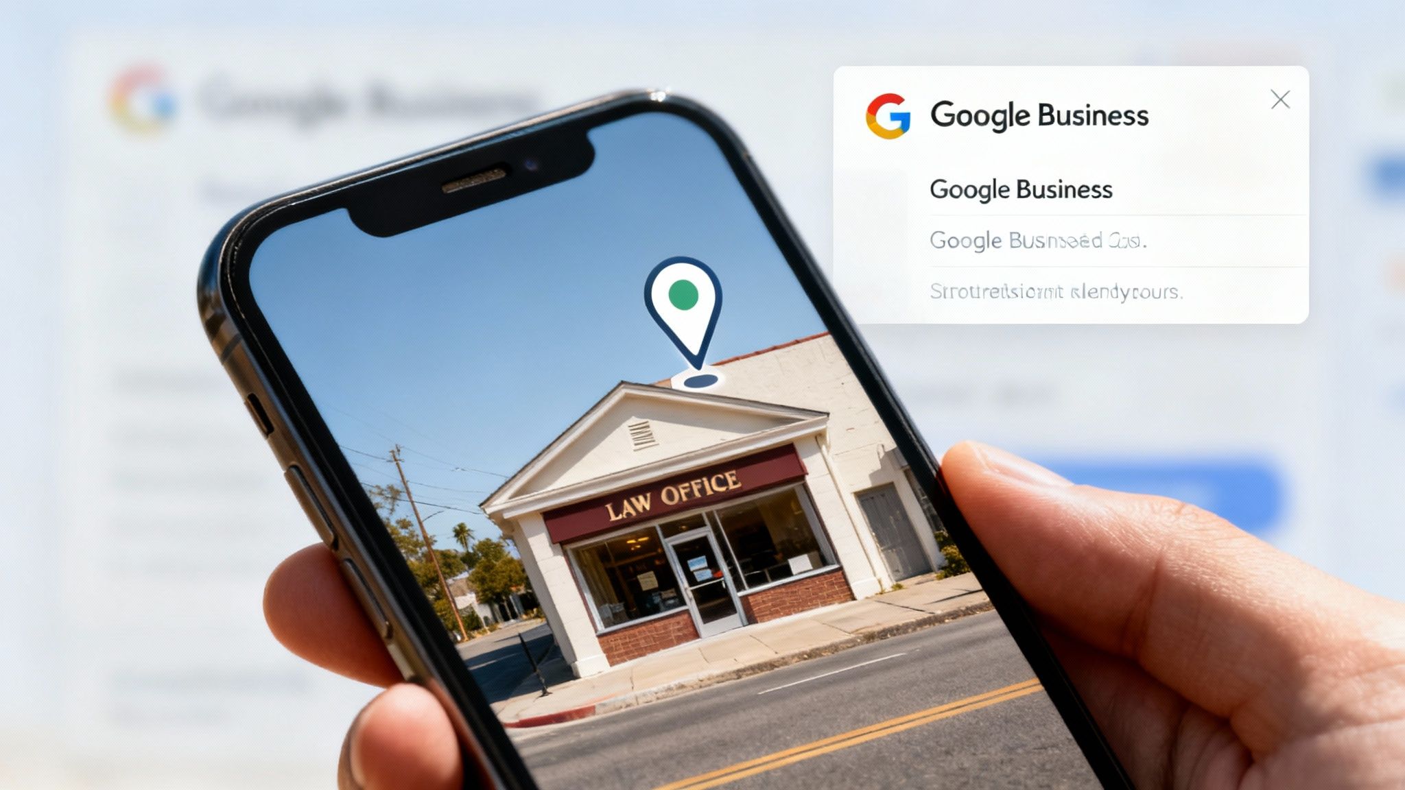 Hand holding a smartphone displaying a law office building with a map pin, symbolizing local SEO and Google Business.