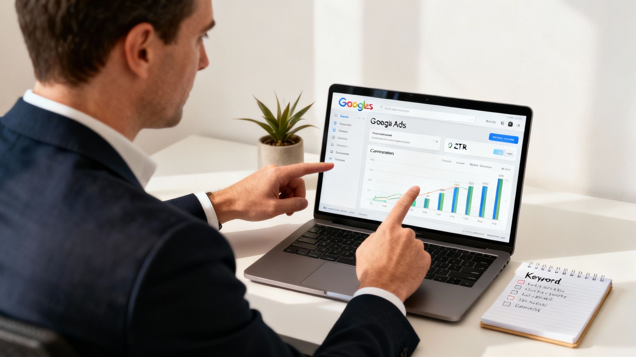 A digital marketing consultant analysing Google Ads data on a laptop.