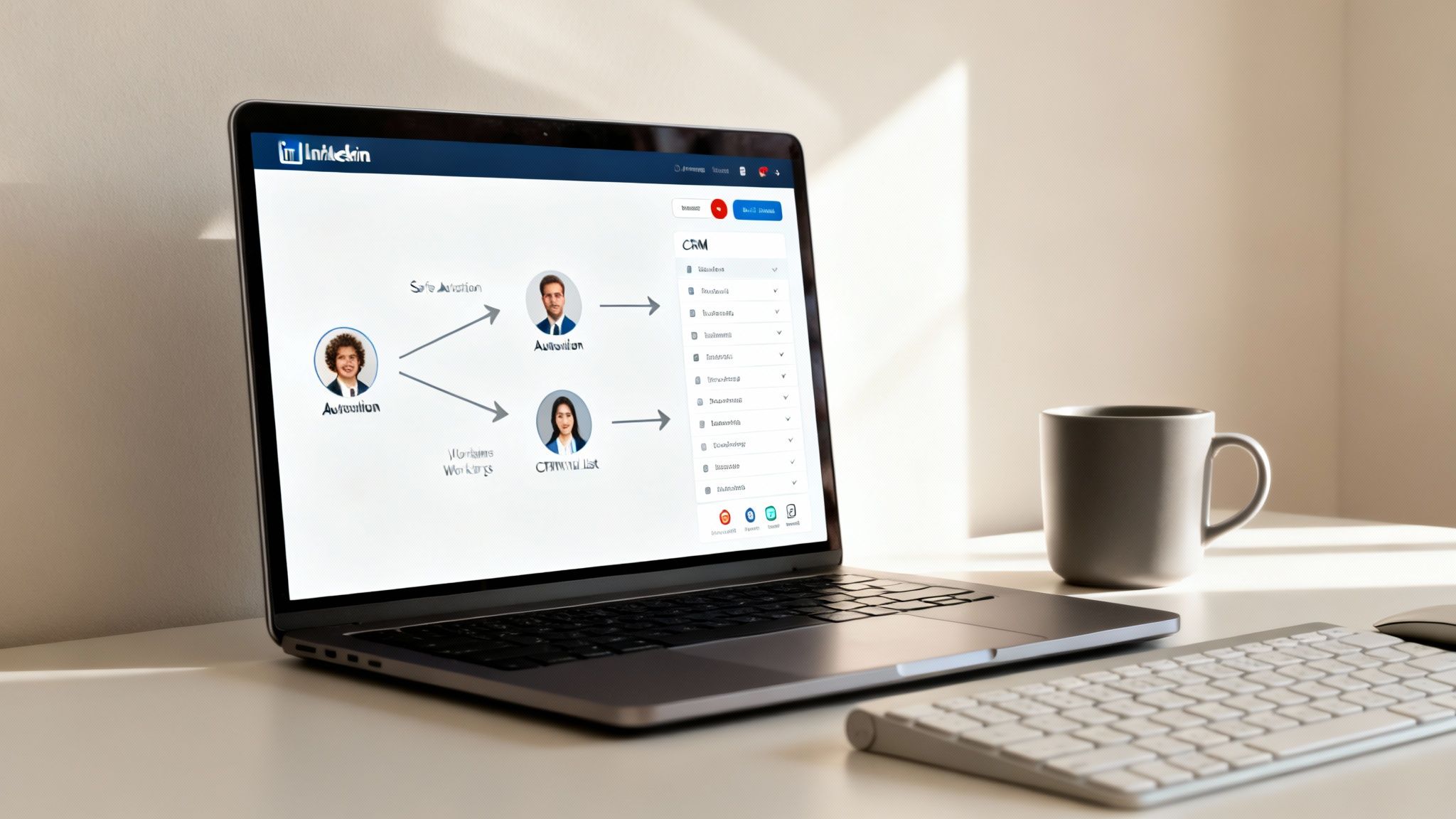 A laptop on a white desk displays a LinkedIn marketing workflow diagram, next to a coffee mug.