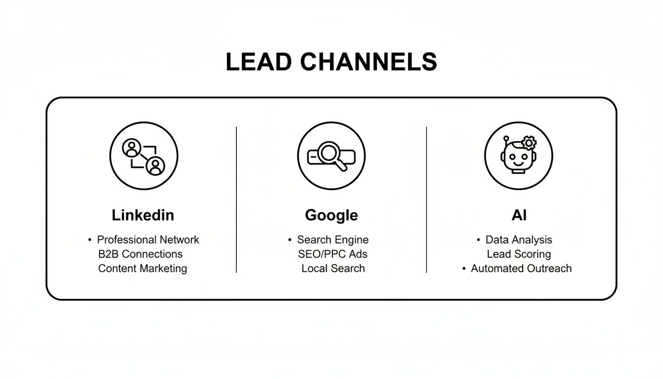 Infographic showing lead channels: LinkedIn, Google, and AI, with their lead generation methods.