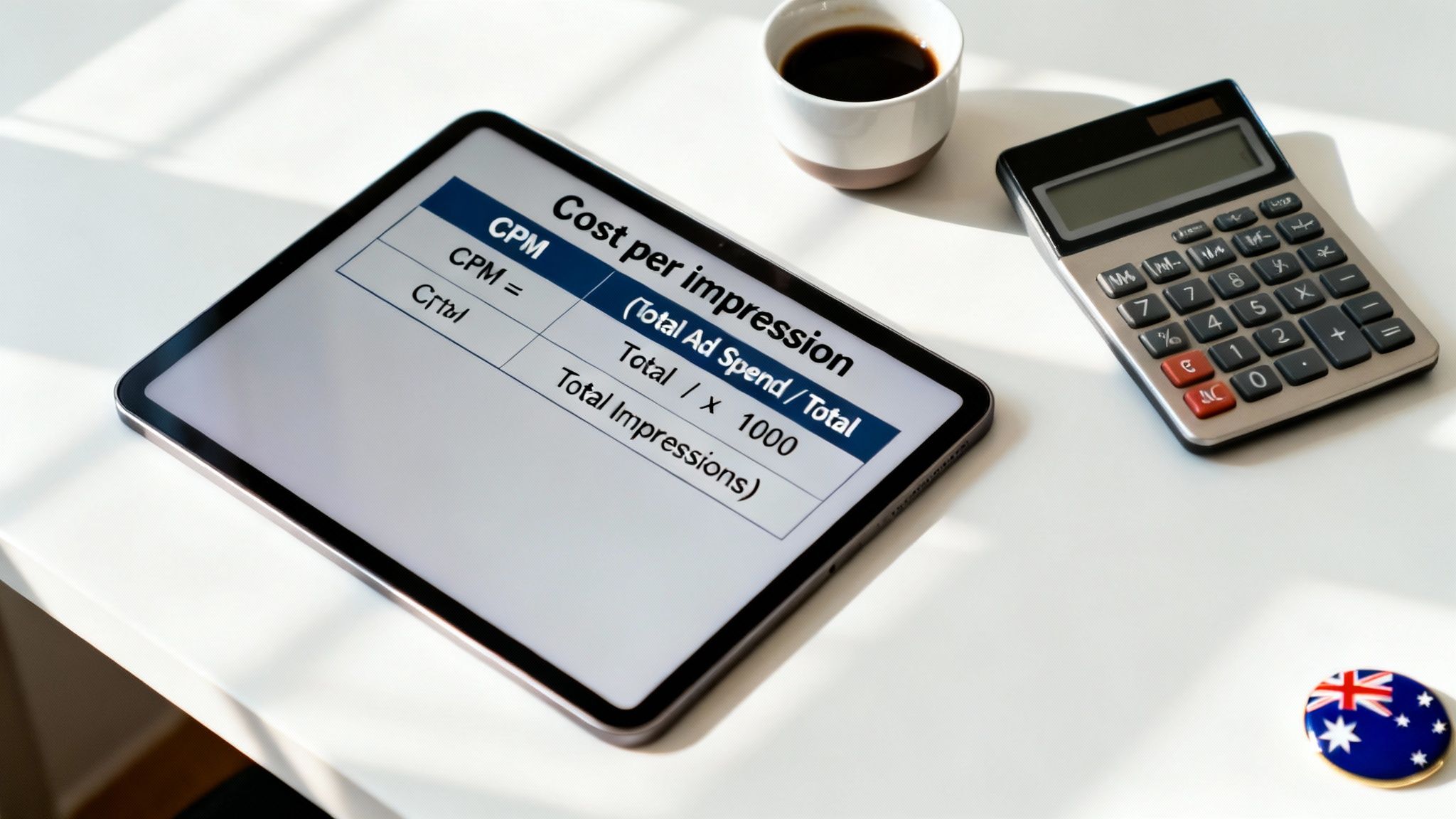 A tablet displaying the cost per impression (CPM) formula on a white desk with a calculator and coffee.