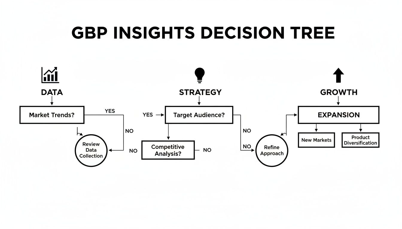 A GBP Insights Decision Tree flowchart illustrating data, strategy, and growth processes.