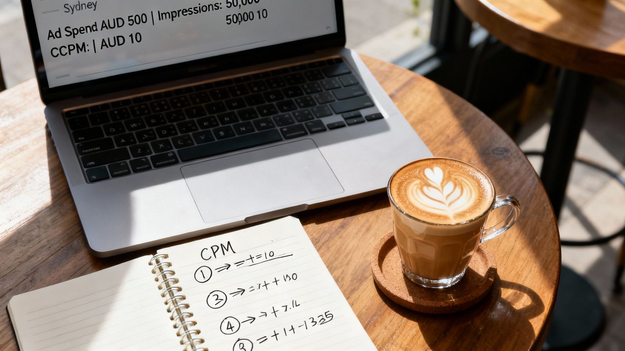 A laptop displaying ad spend data, a notebook with CPM calculations, and a latte on a wooden table.