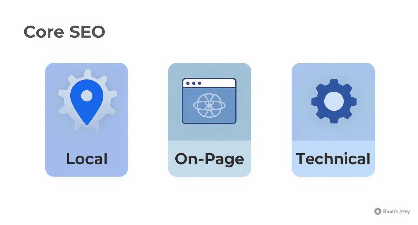 Illustration showing the three core categories of SEO: Local, On-Page, and Technical, each with an icon.
