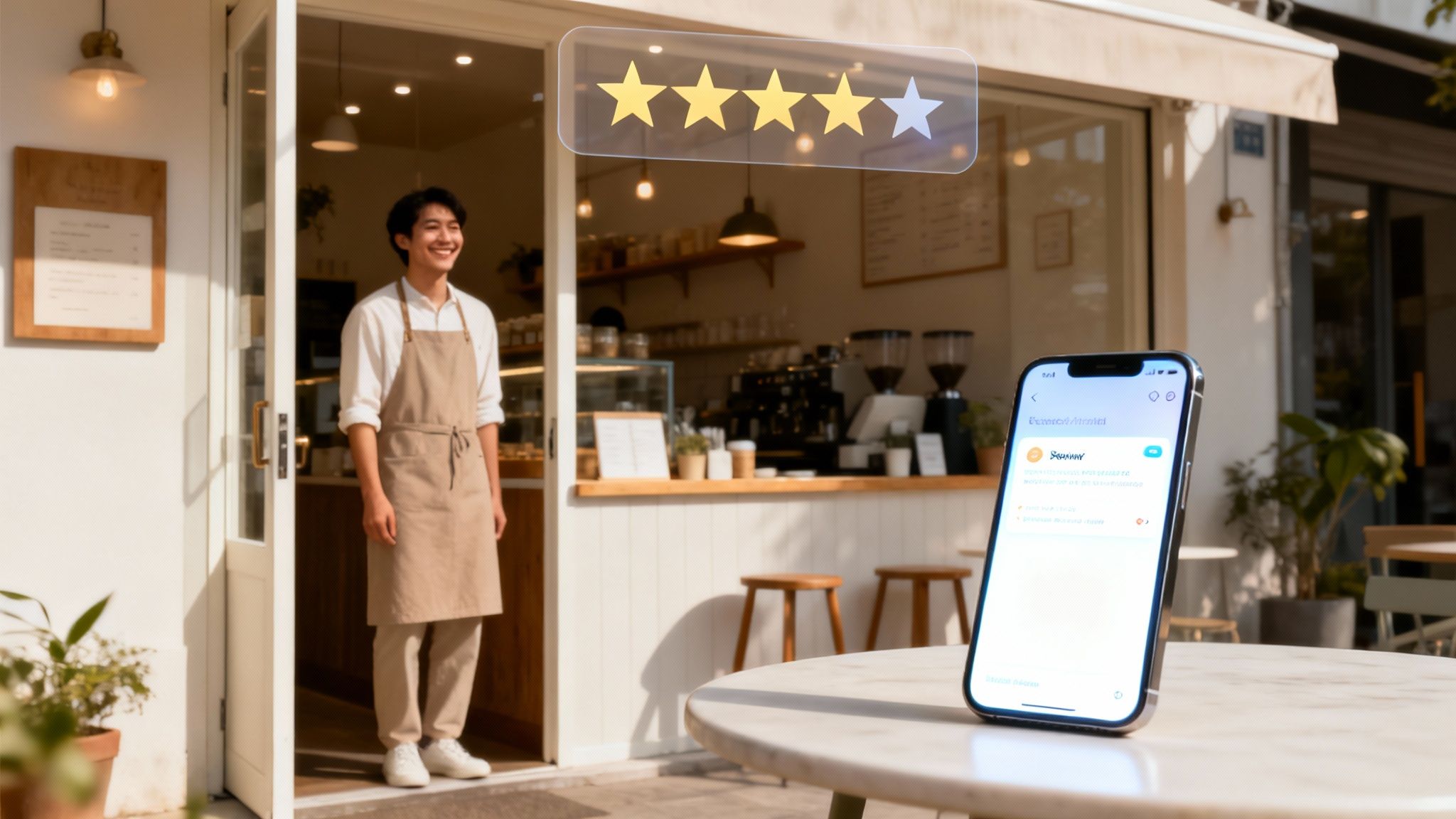 Smiling barista at a coffee shop entrance with a 4.5-star rating overlay and a phone displaying an app.