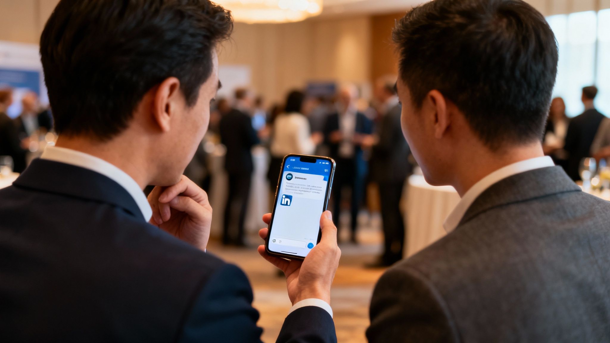 Two men in suits look at a smartphone displaying the LinkedIn app at a professional event.