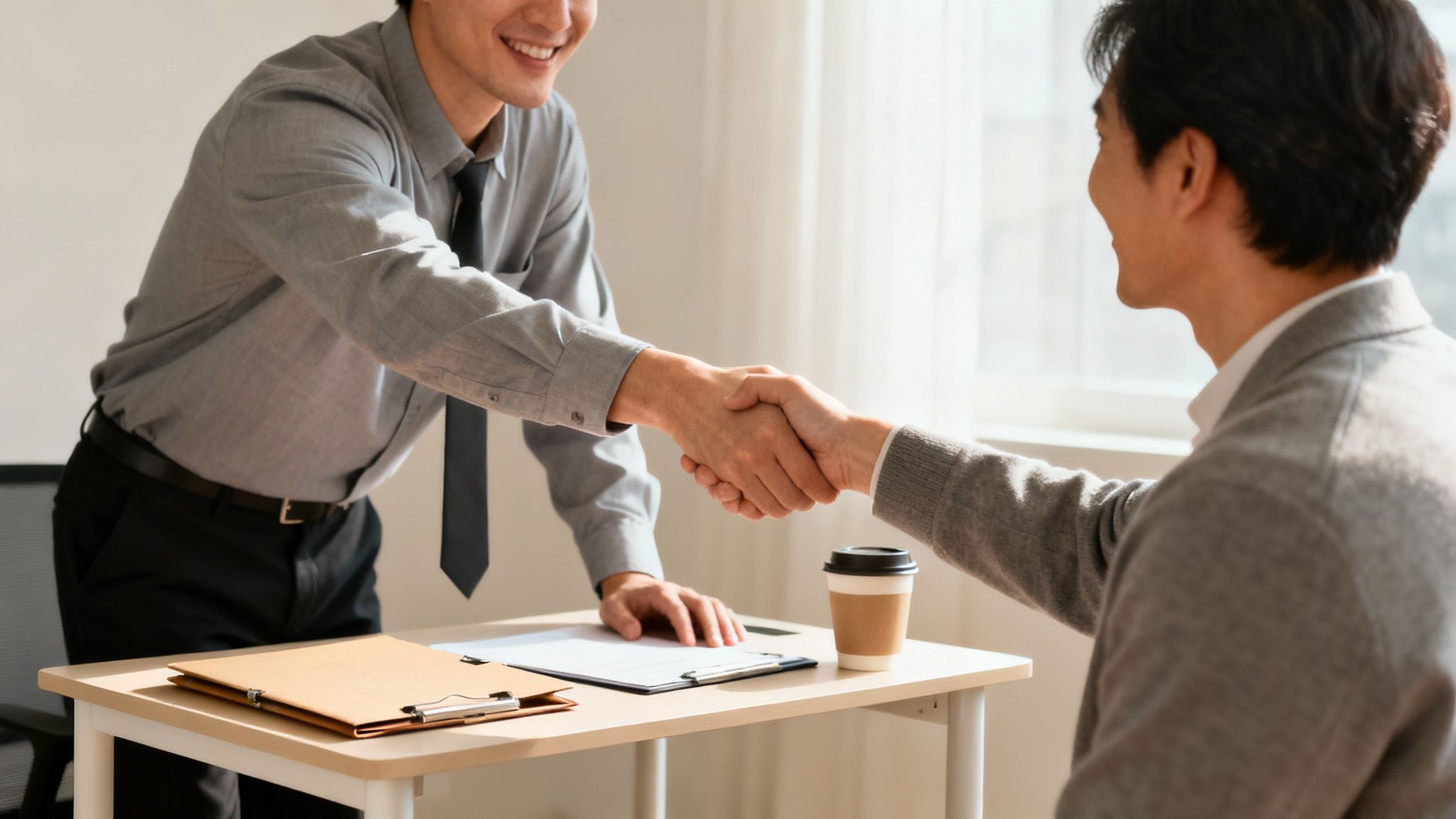 Two men in business attire shaking hands across a desk, signifying agreement or partnership.