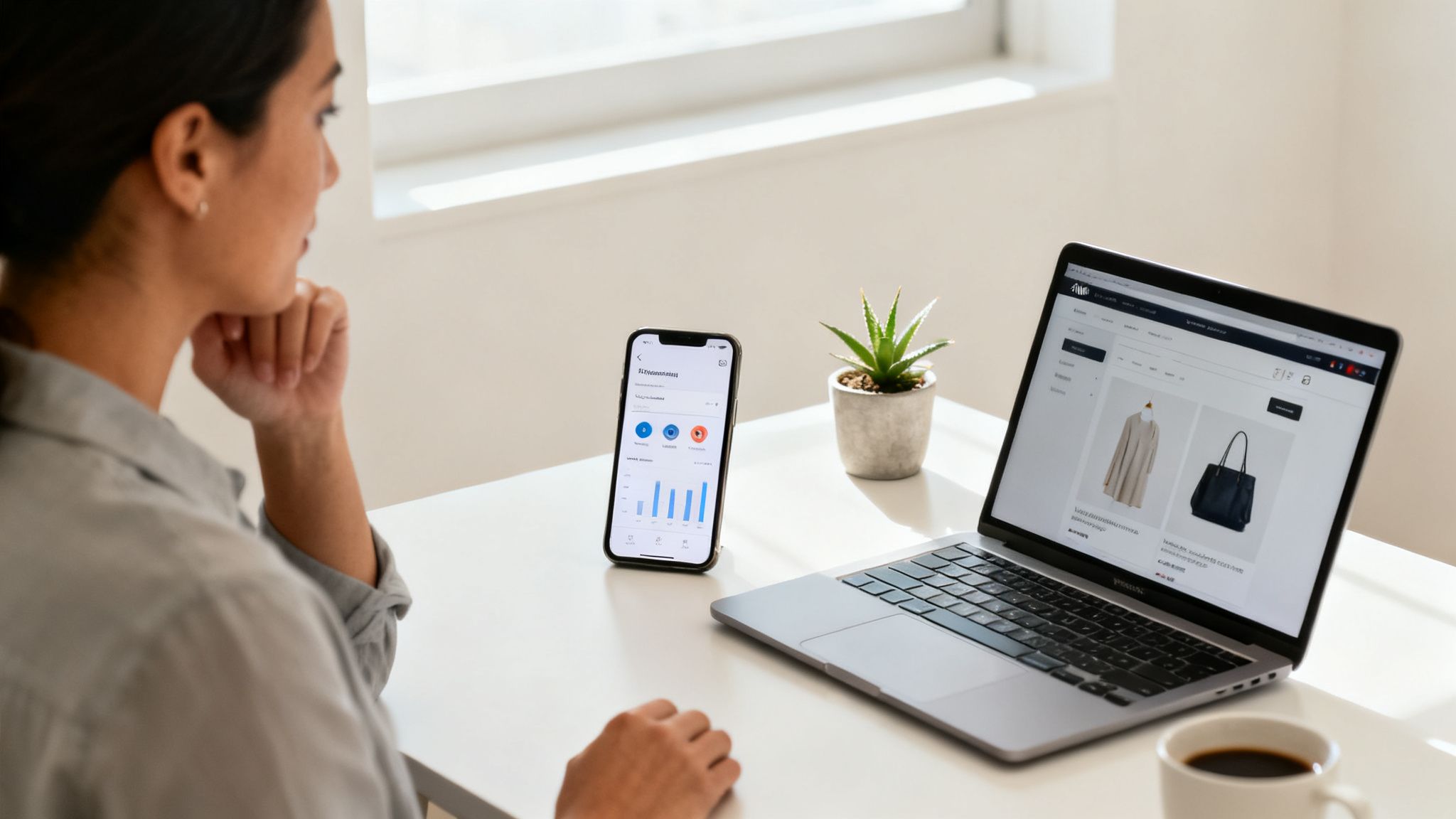 Woman on a white desk viewing an e-commerce website on a laptop and data on a smartphone.