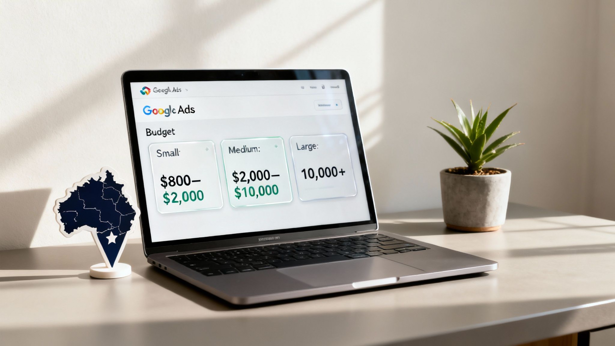 Google Ads budget selection interface showing small, medium, and large spending tiers on laptop screen