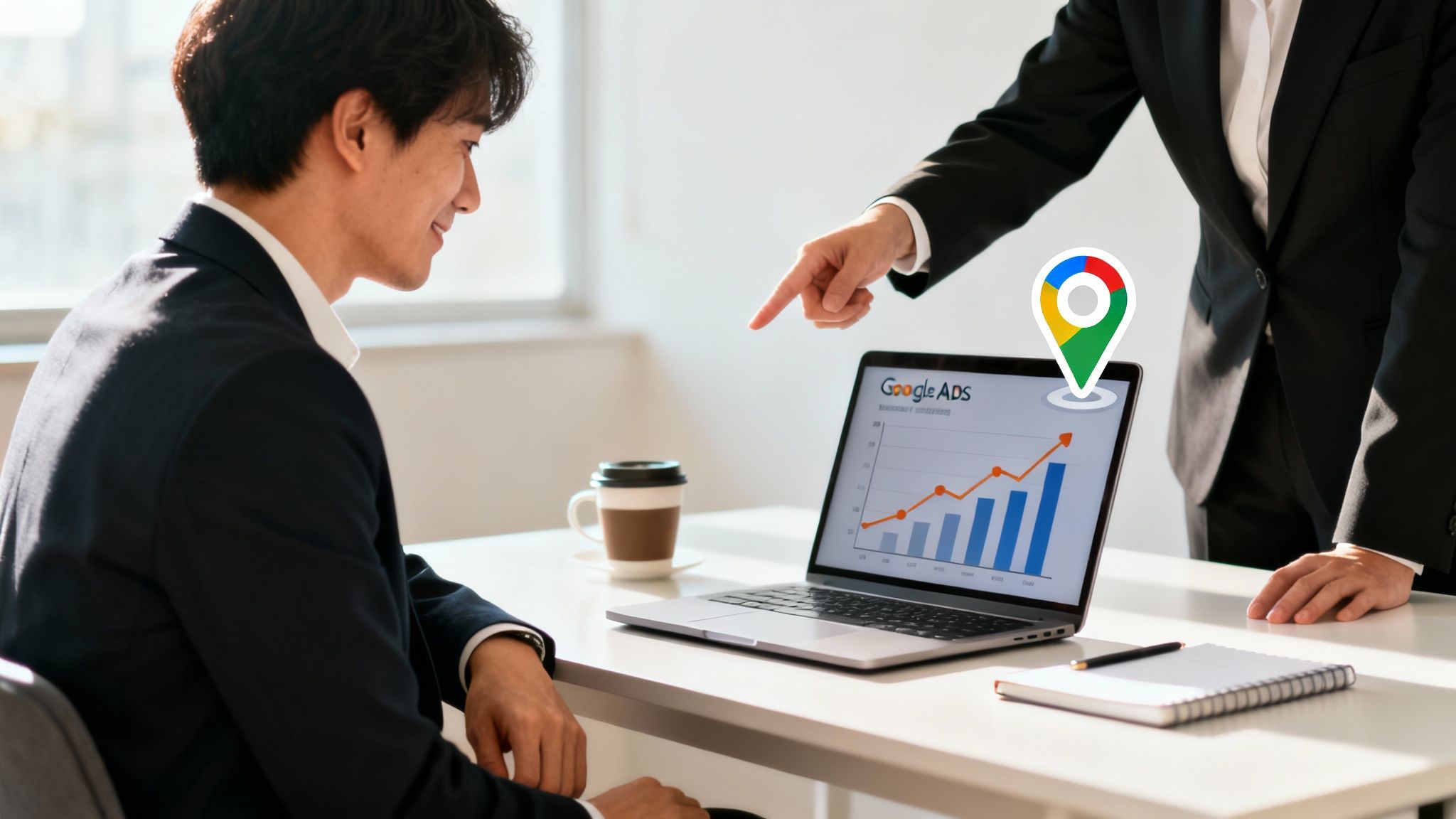 A Google Ads specialist points at a laptop screen showing performance metrics and a local marketing pin.