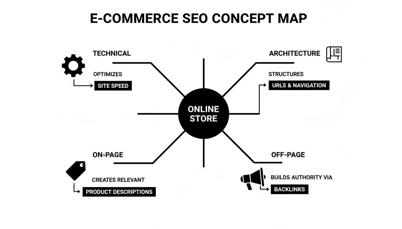 E-commerce SEO concept map detailing strategies like technical, architecture, on-page, and off-page optimization.
