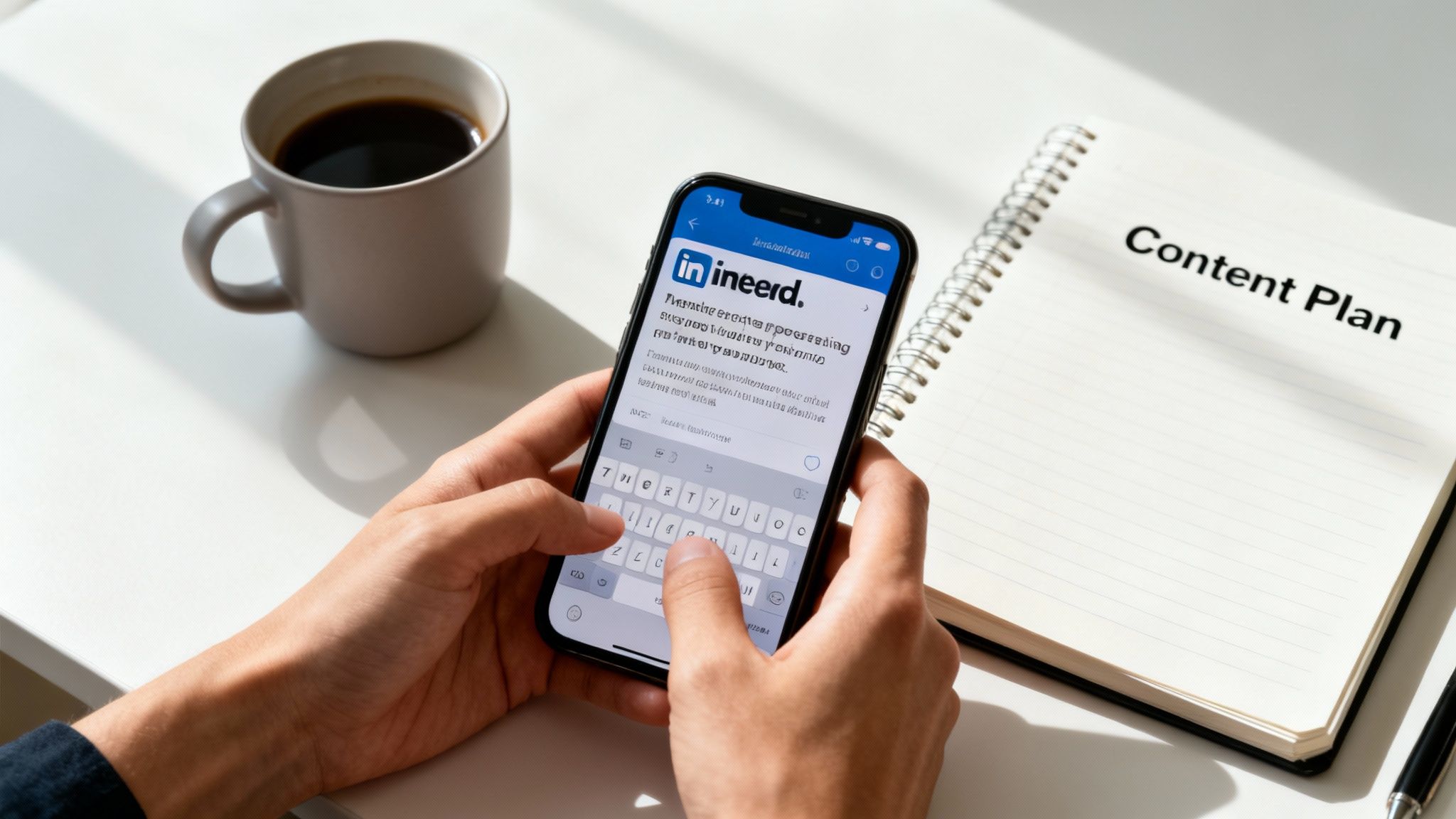 Hands typing on a smartphone with a LinkedIn-like app, next to a coffee mug and a 'Content Plan' notebook.