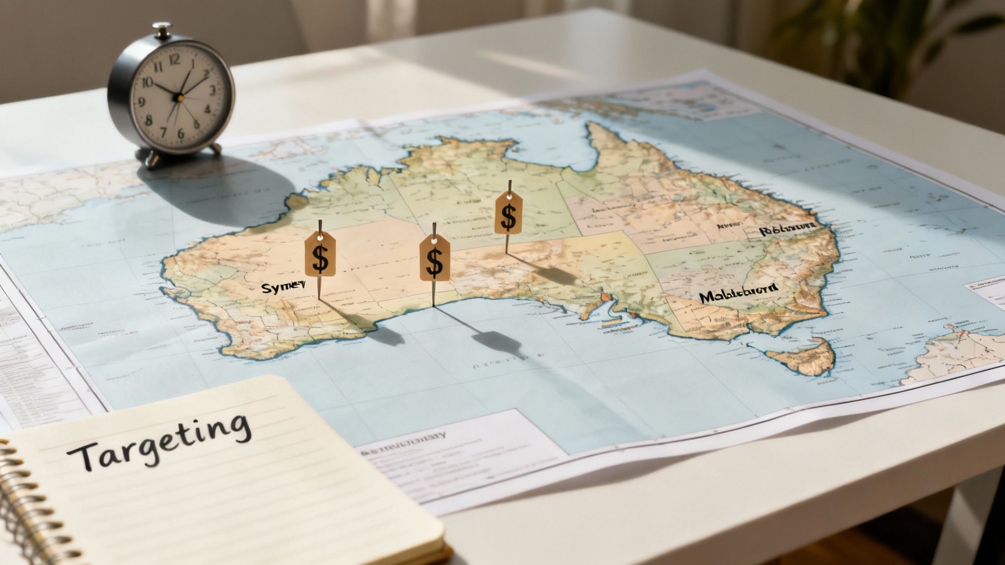 A map of Australia with dollar sign pins, a 'Targeting' notebook, and an alarm clock, symbolizing location-based ad costs.