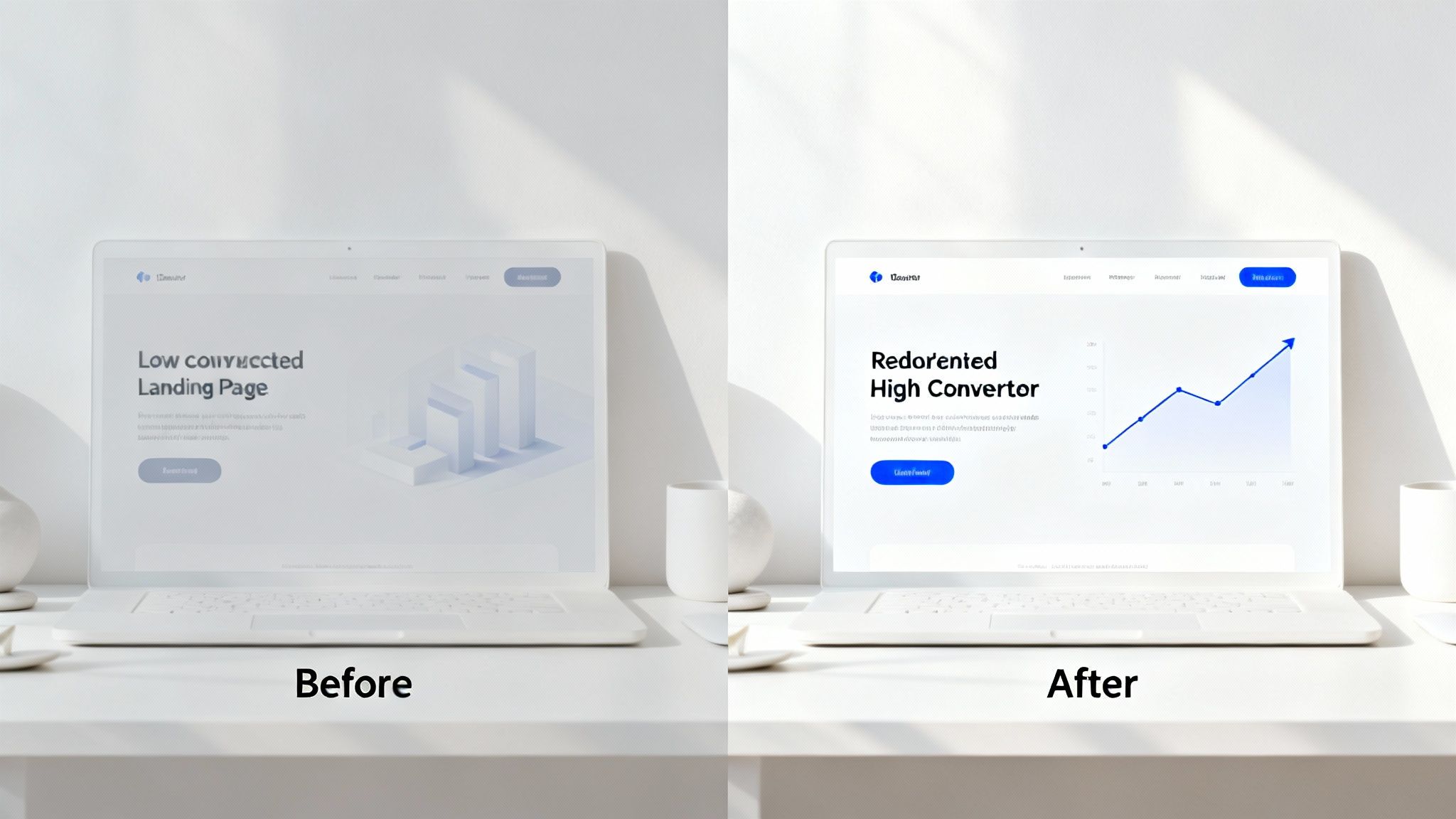 Side-by-side comparison of a low-converting website landing page versus a high-converting, optimized version.