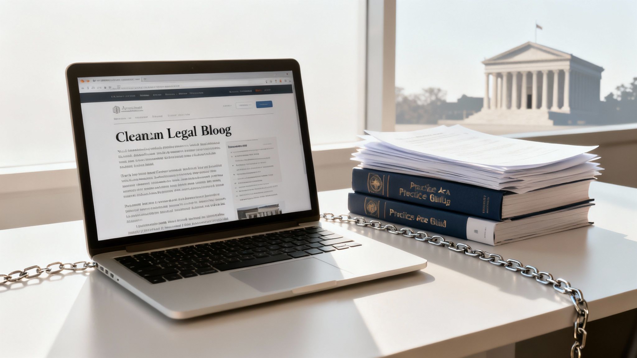 Laptop displaying a legal blog, law books, and papers on a desk with a courthouse background.