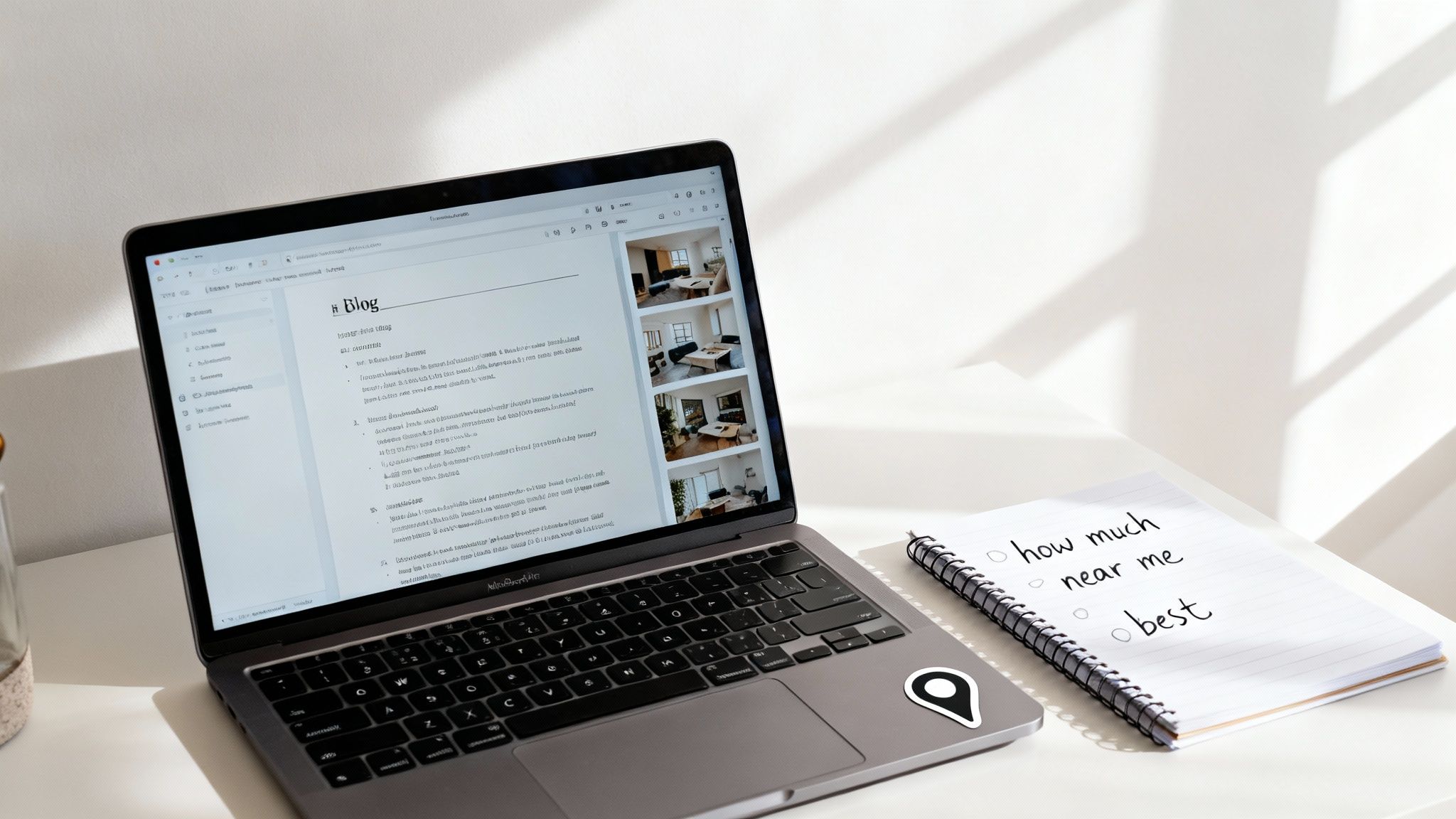 A person writing on a laptop, brainstorming ideas with sticky notes on the wall.