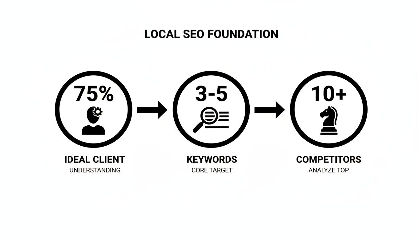 Diagram showing local SEO foundation steps: ideal client understanding, core target keywords, and top competitor analysis.