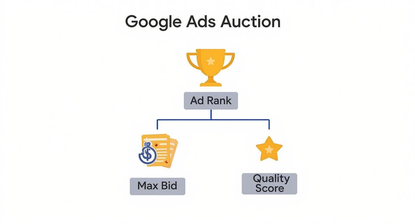 Google Ads auction diagram showing ad rank determined by max bid and quality score components