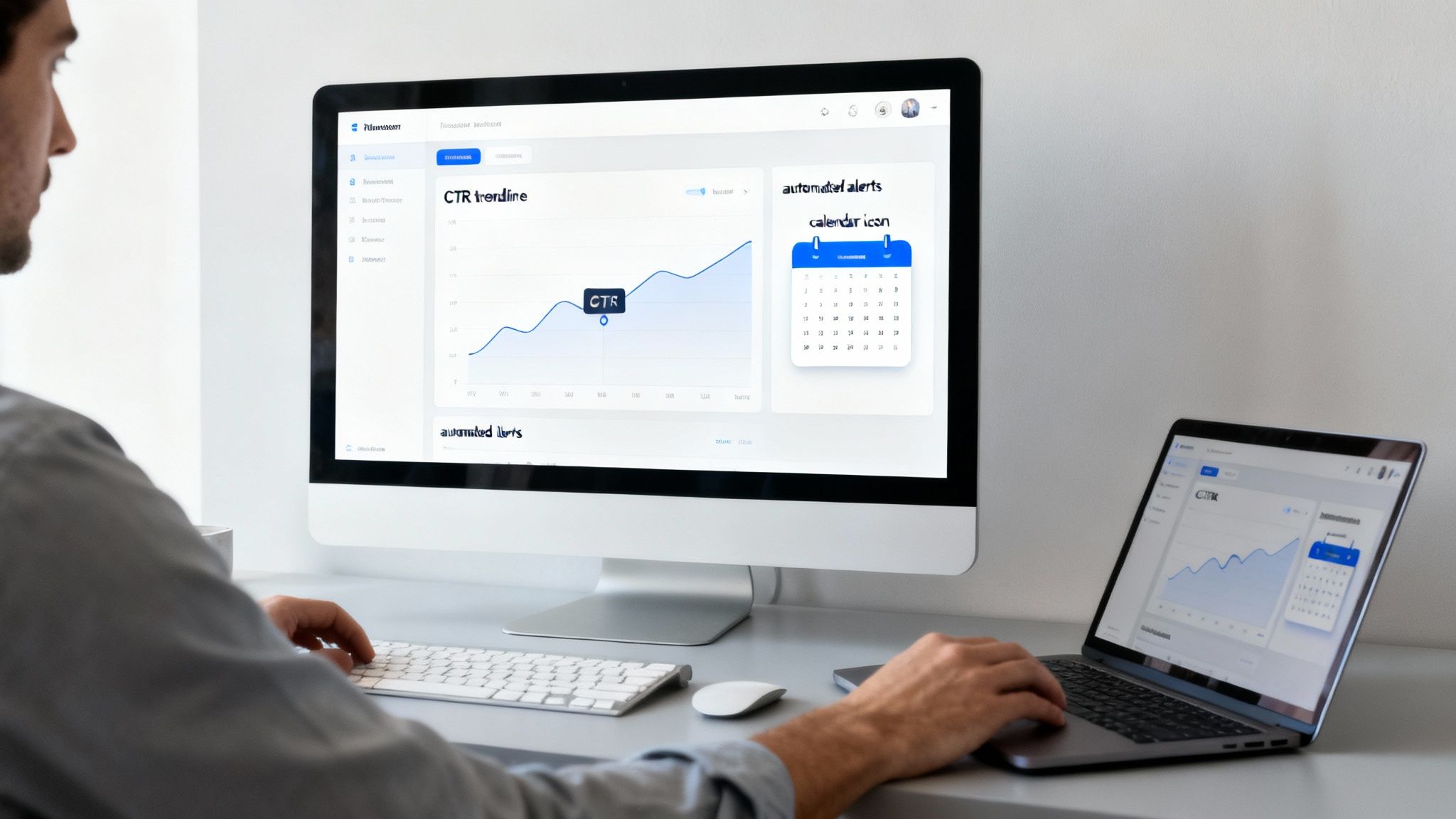 Man analyzing click-through rate trends and automated alerts on a dual-screen setup.