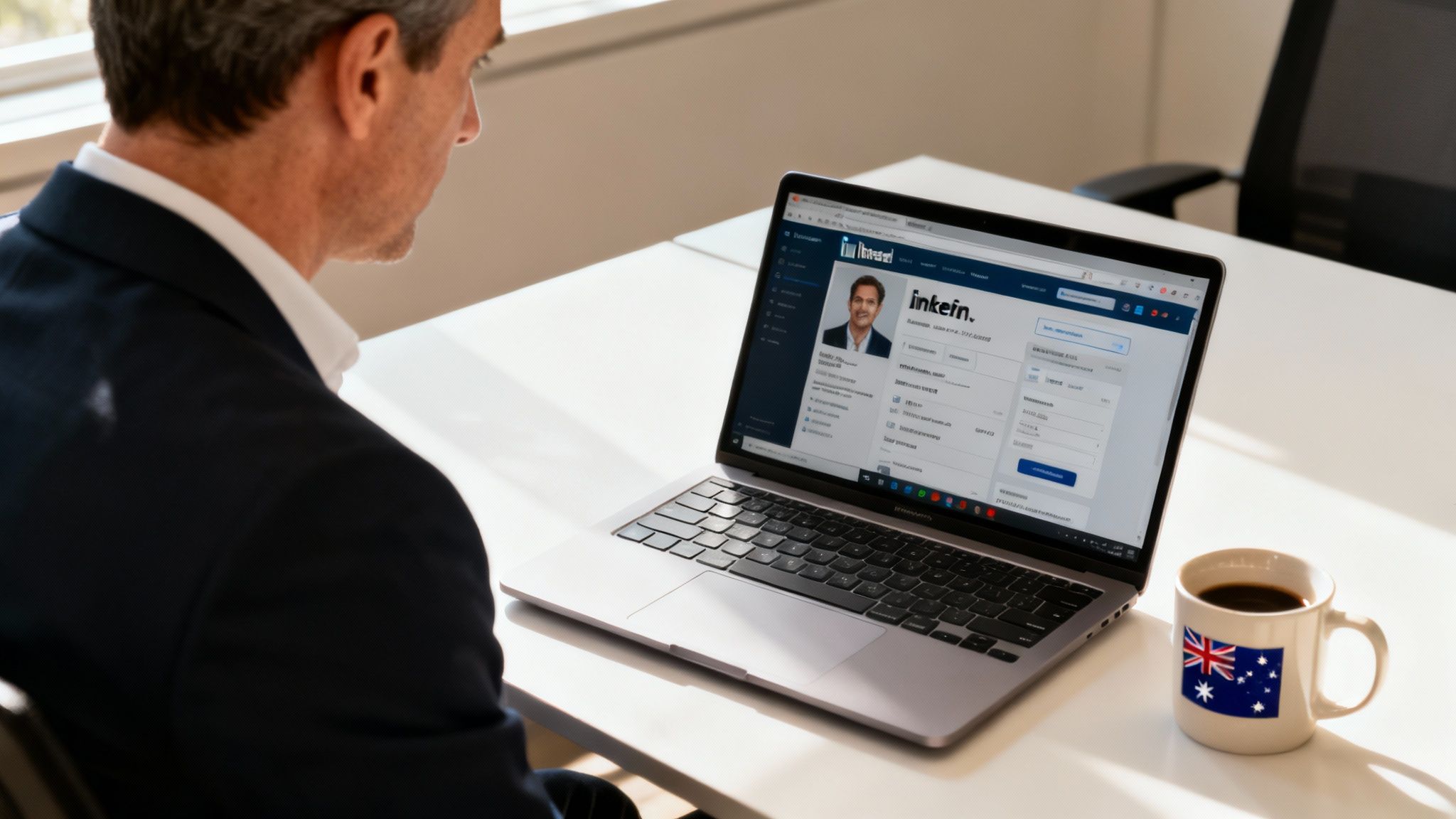 Professional businessman viewing LinkedIn profile on laptop with Australian flag coffee mug nearby