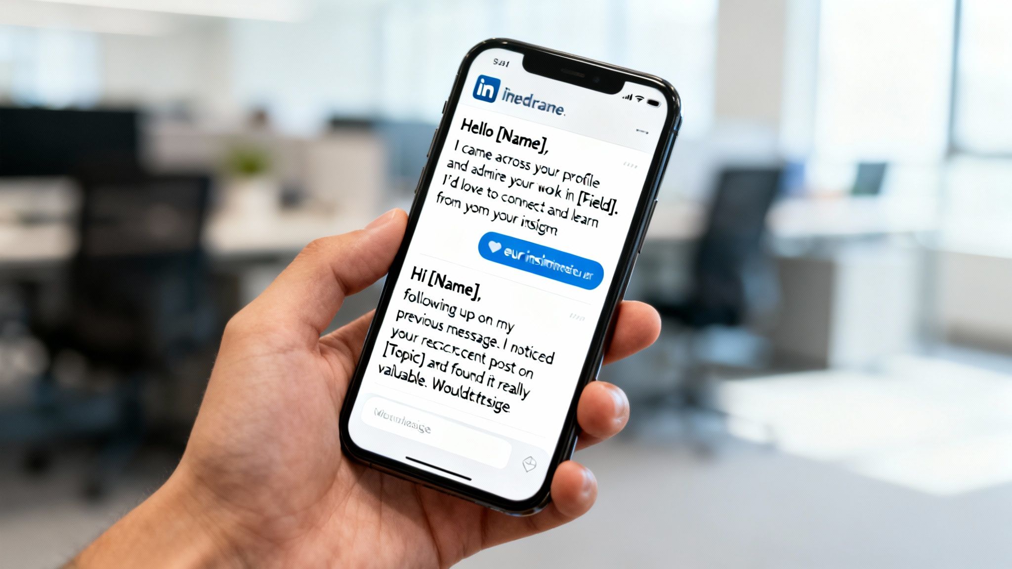 Hand holding a smartphone displaying LinkedIn messages for lead generation in an office setting.