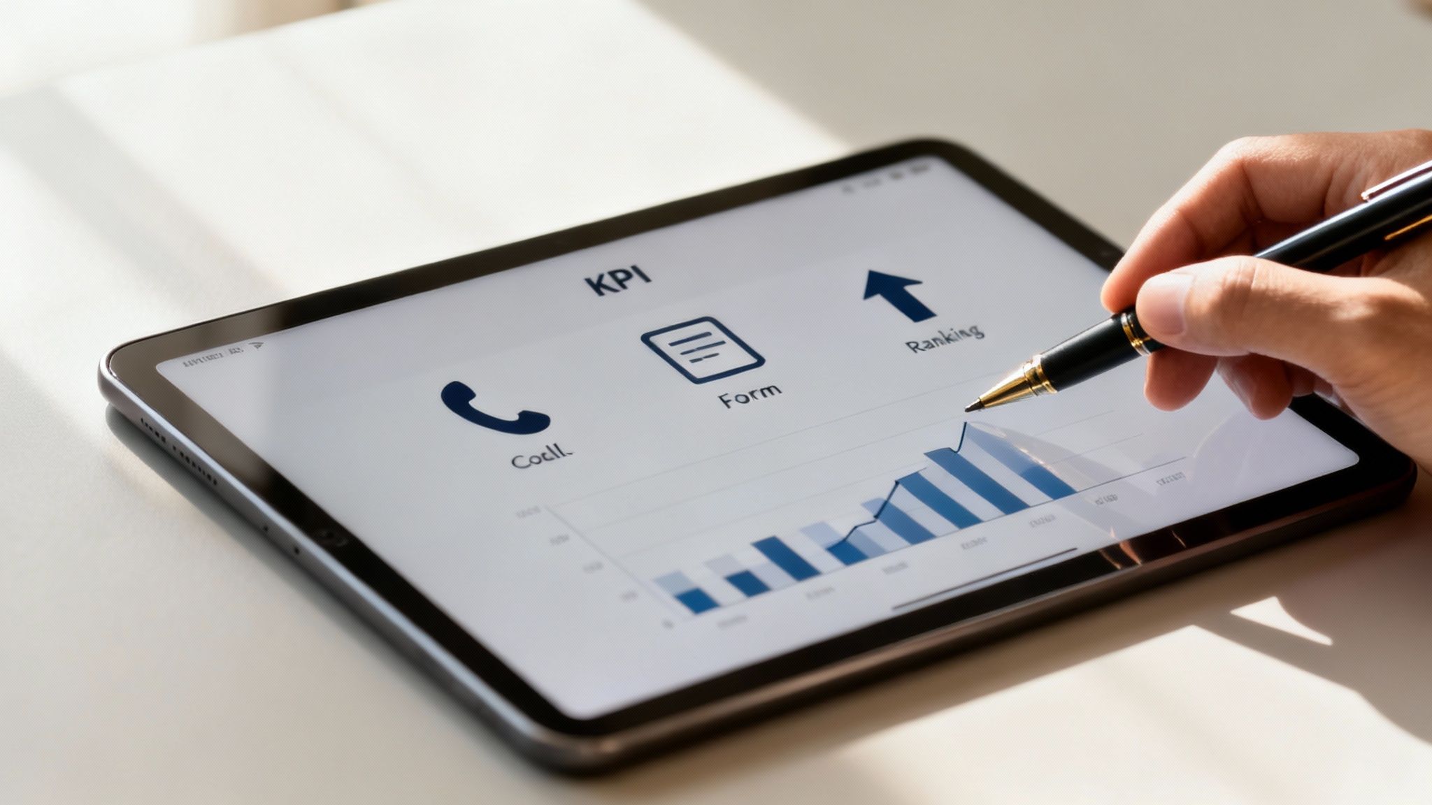 A hand uses a pen to interact with a tablet displaying a KPI dashboard with charts.