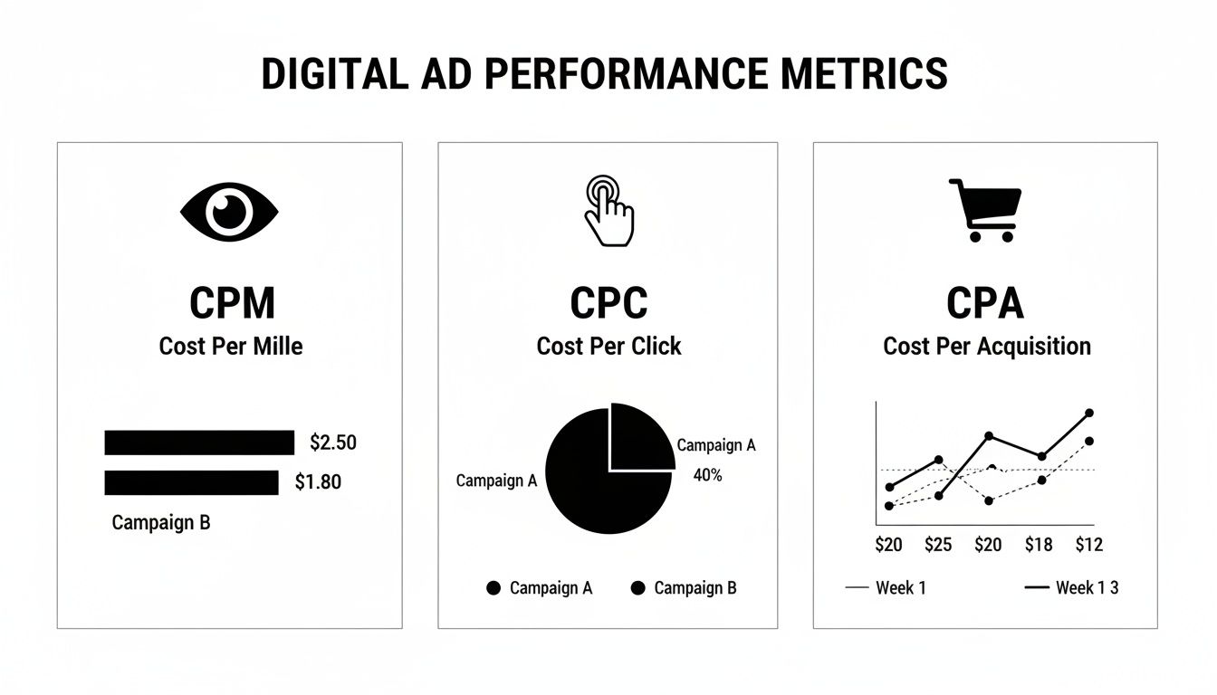 Infographic showing digital ad performance metrics: CPM, CPC, and CPA with campaign data.