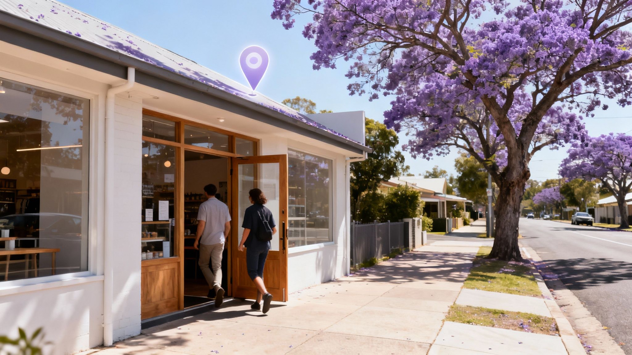 Two people enter a welcoming local shop, marked by a purple location pin under blooming jacaranda trees.