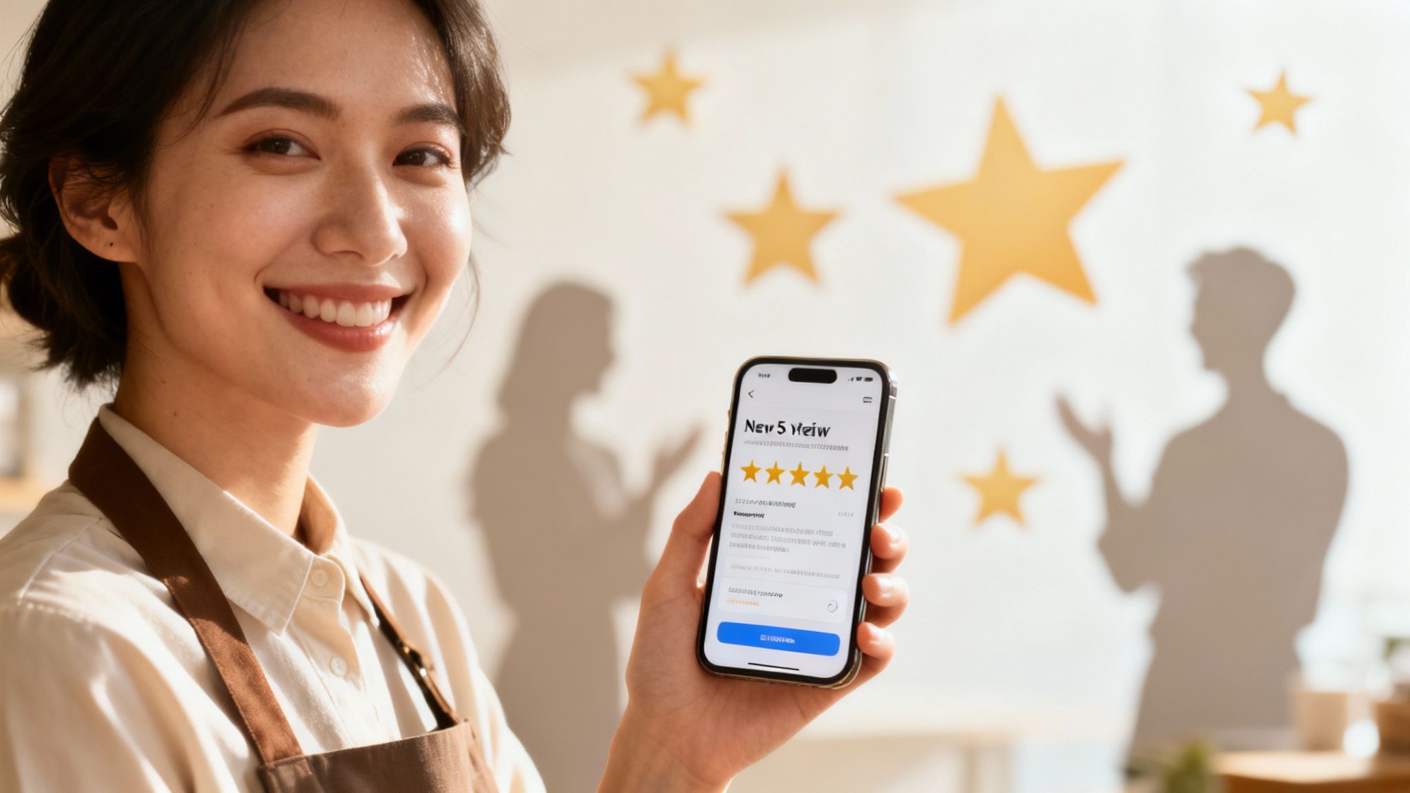 A smiling Asian woman holds a smartphone displaying a five-star customer review, symbolizing business success.