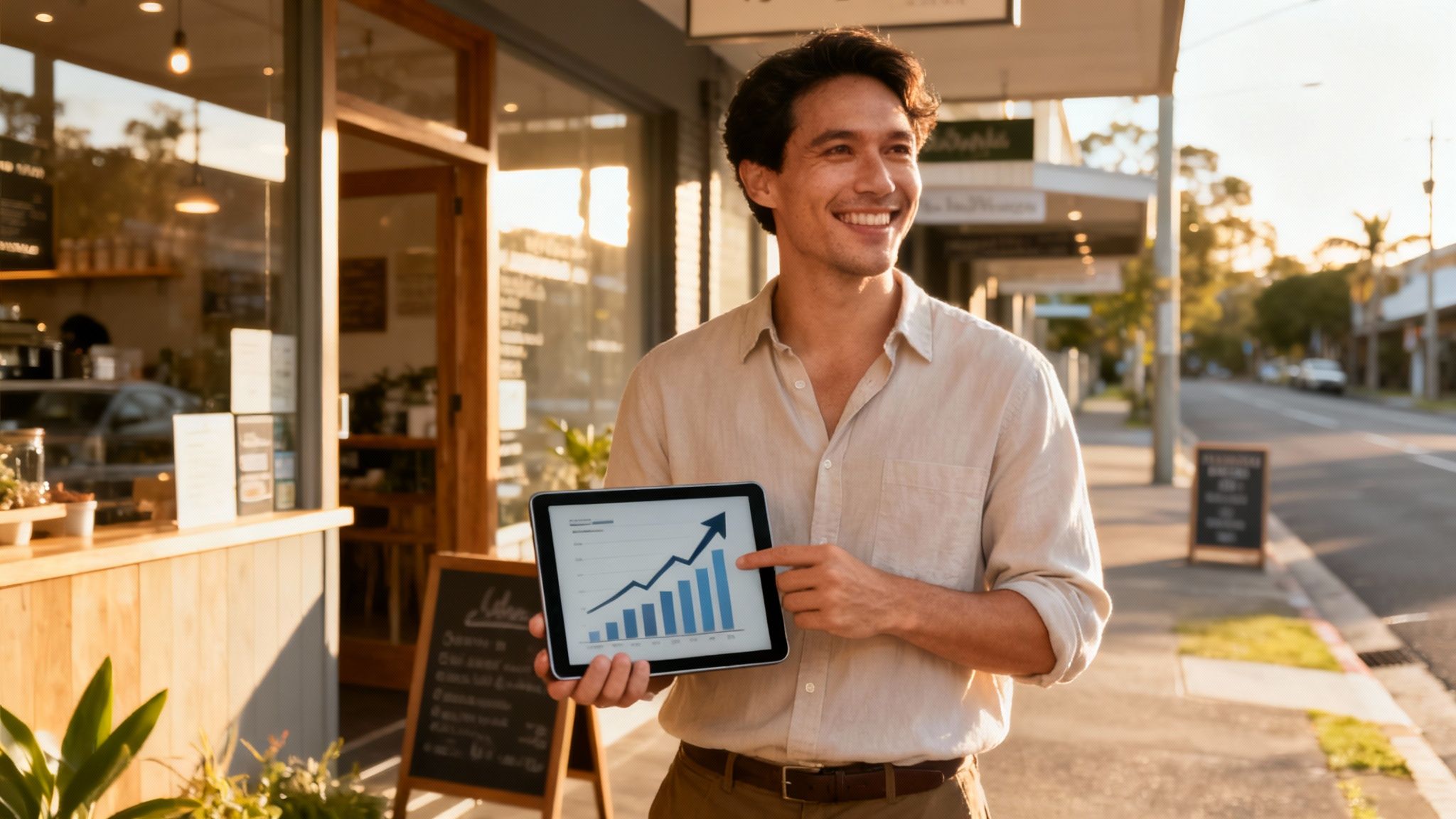 Three diverse Brisbane business owners looking at a graph showing positive results on a tablet.