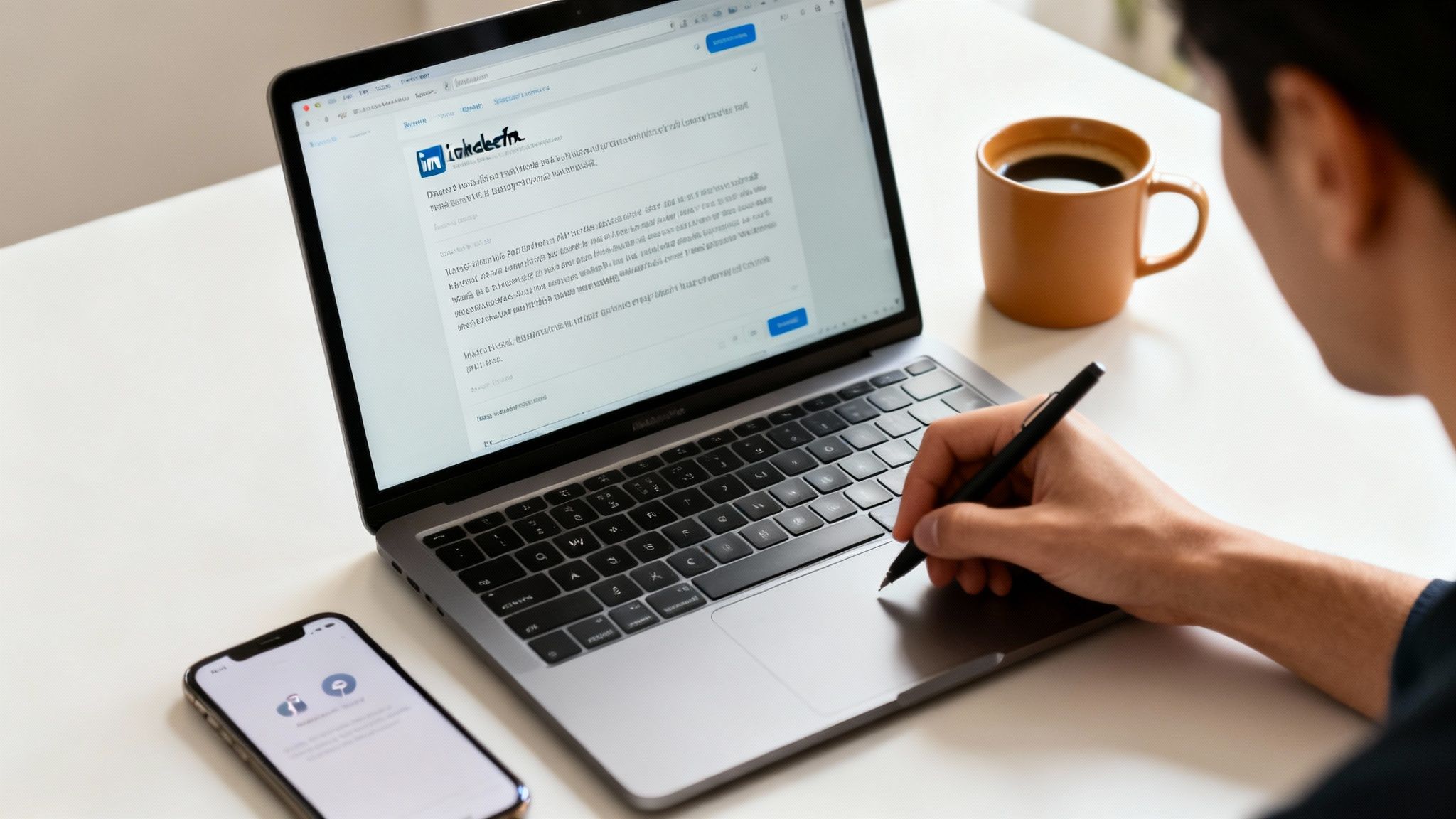 Person working on LinkedIn marketing strategy on laptop with coffee and smartphone nearby