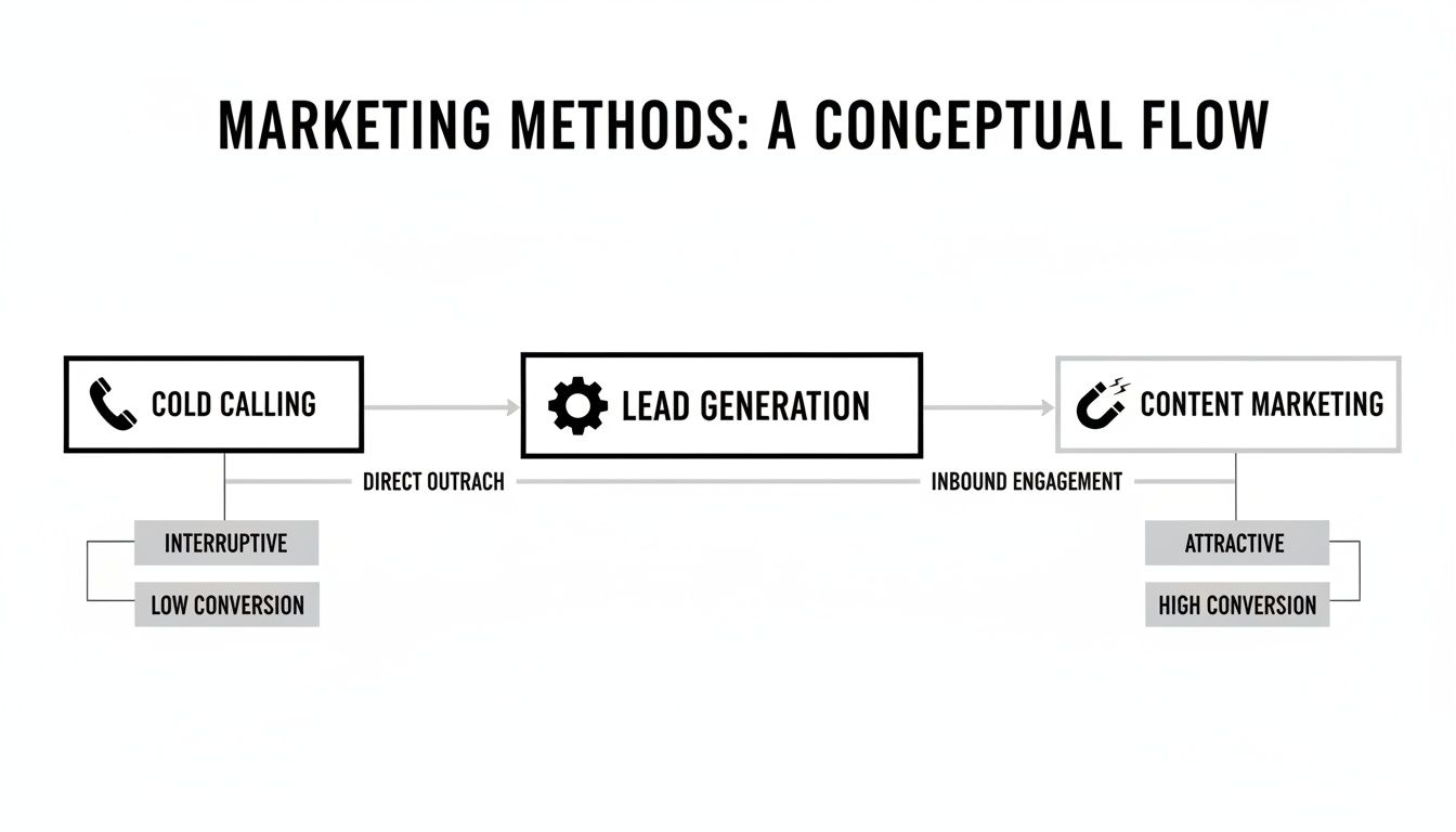 Flowchart comparing marketing methods: cold calling (interruptive, low conversion) and content marketing (attractive, high conversion) for lead generation.