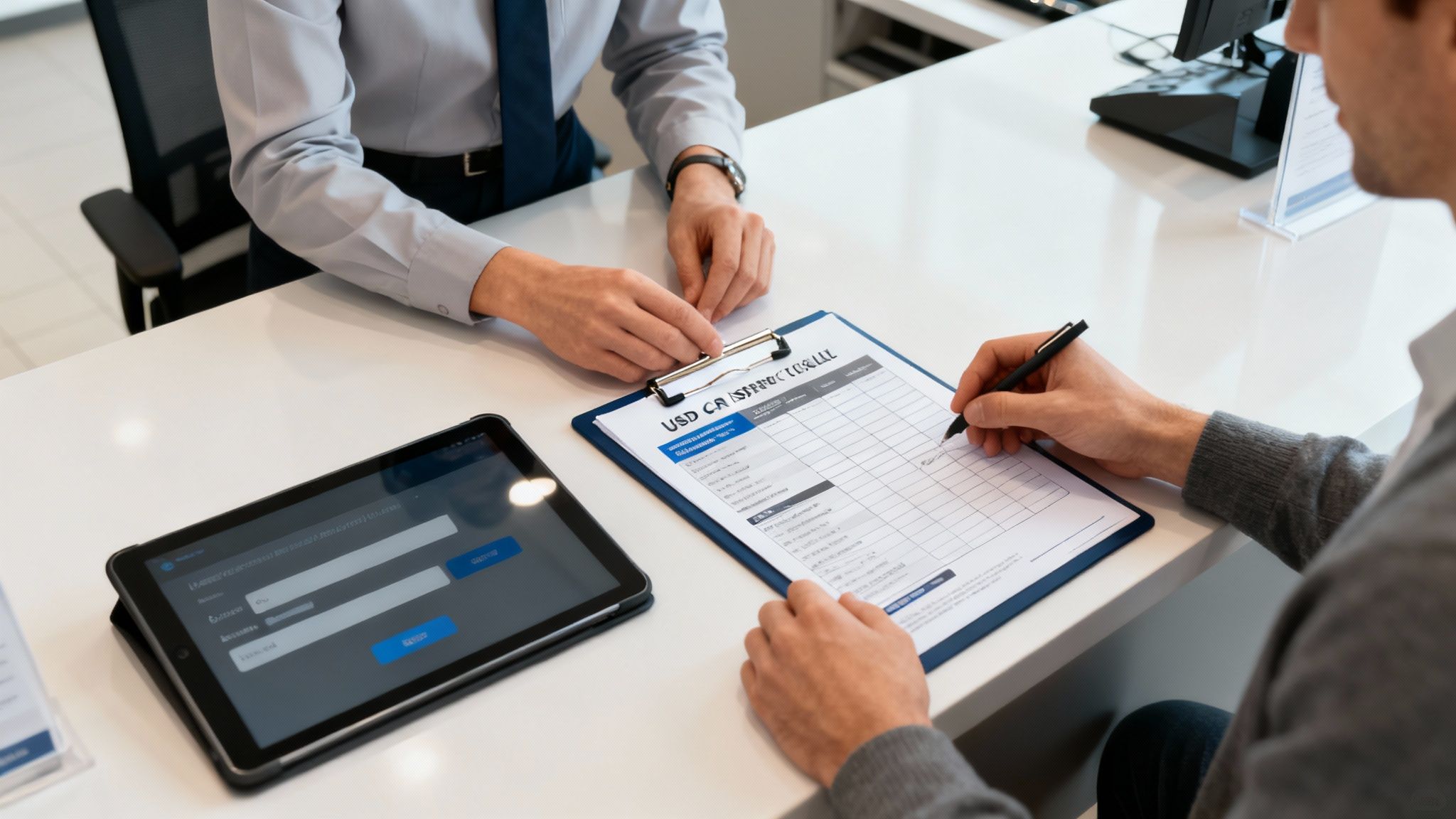 Car dealership salesperson and customer reviewing used car structural checklist during automotive purchase consultation