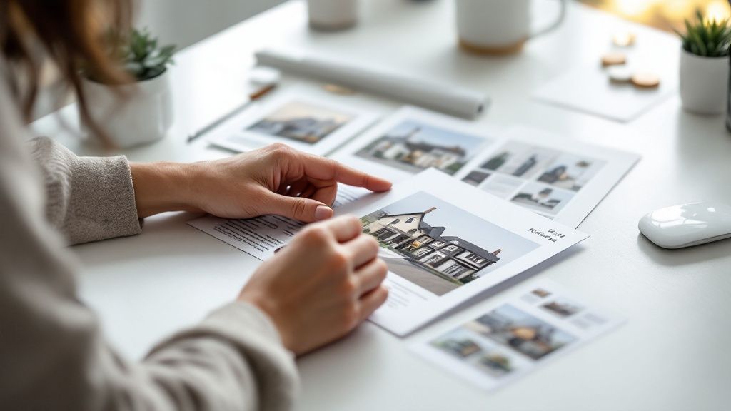 A real estate agent presenting a modern home to a young couple.