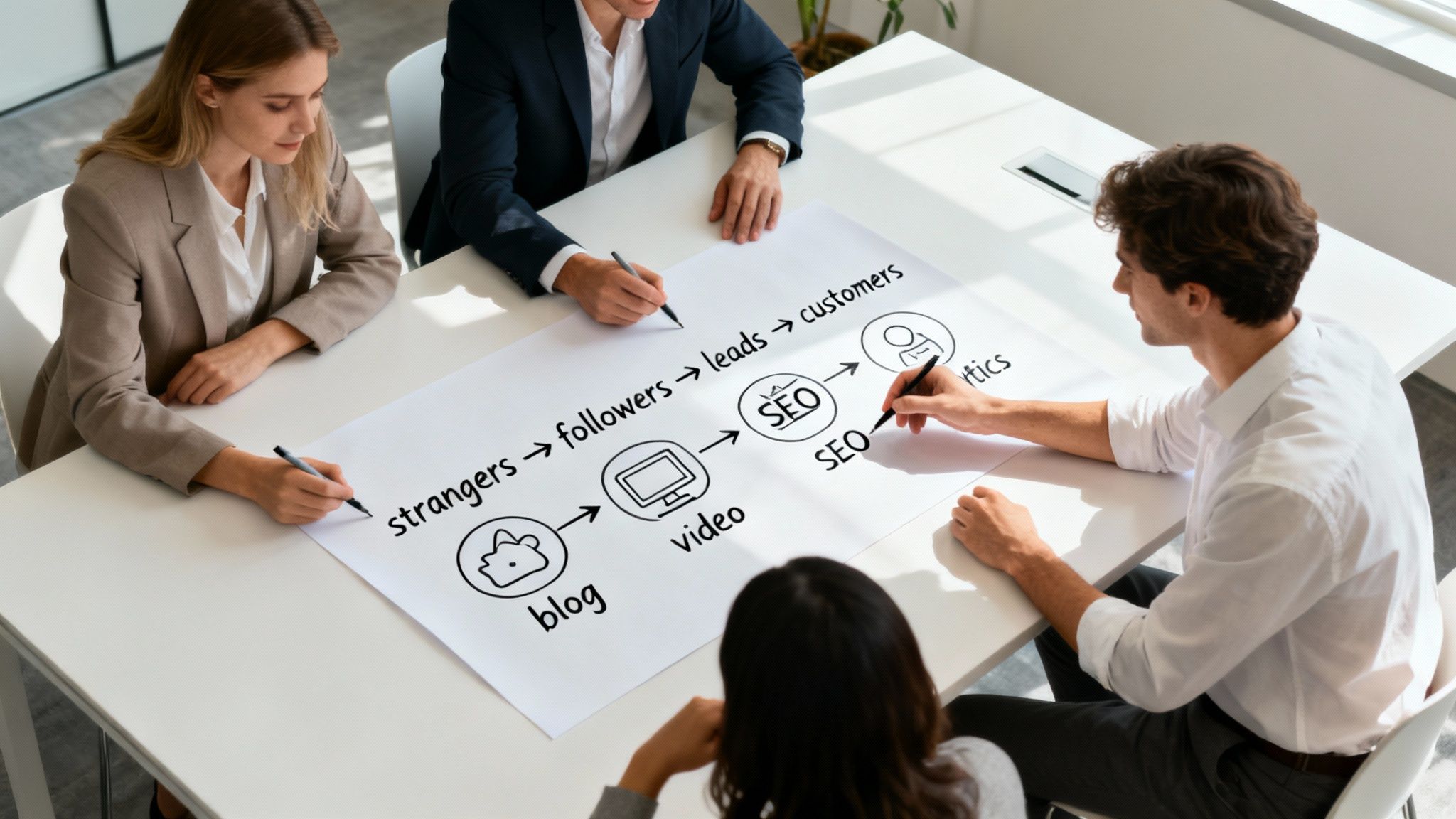 Four professionals collaborate on a content marketing strategy diagram, outlining steps from strangers to customers.