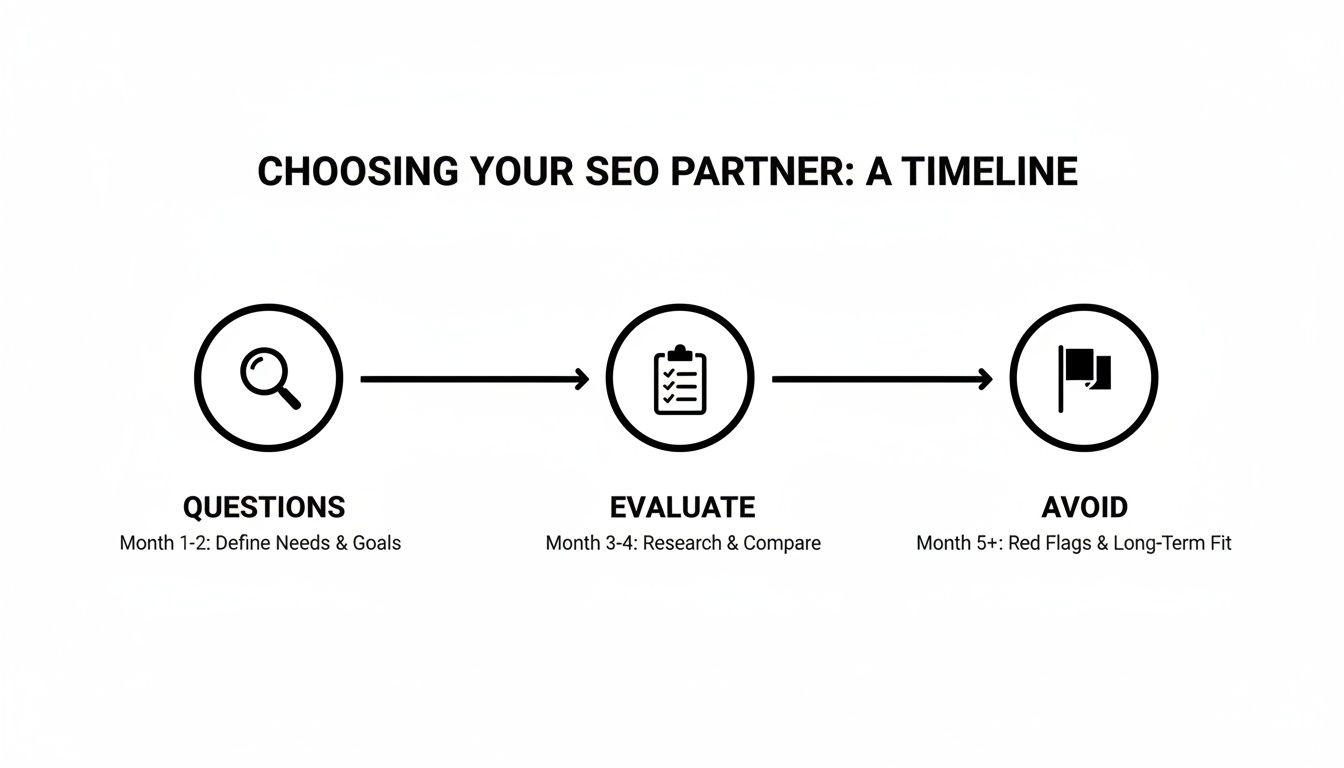 A timeline graphic showing three stages for choosing an SEO partner: Questions, Evaluate, and Avoid.