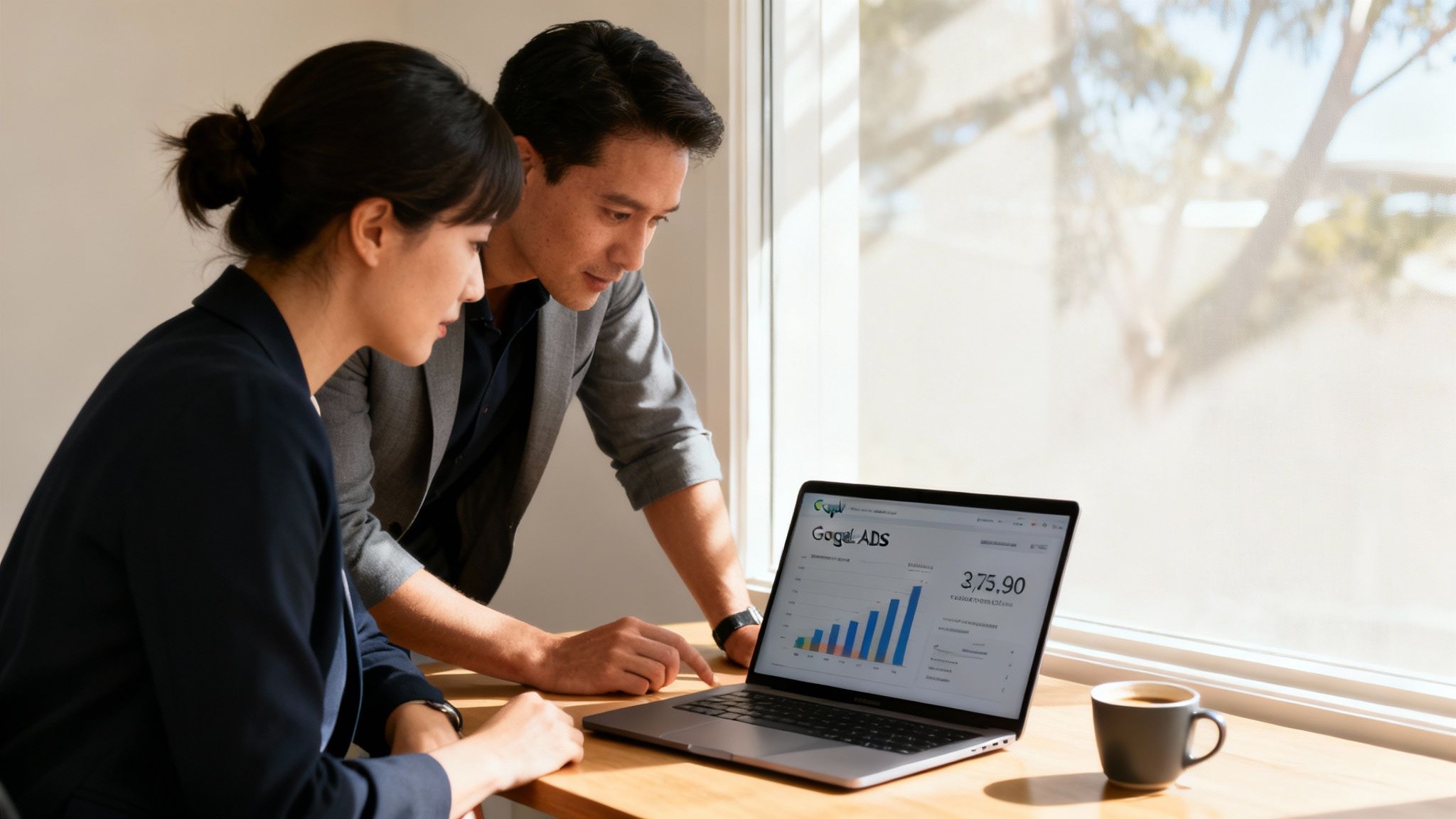 A team collaborating on a digital marketing strategy on a large screen, illustrating the value of Google Ads consulting.