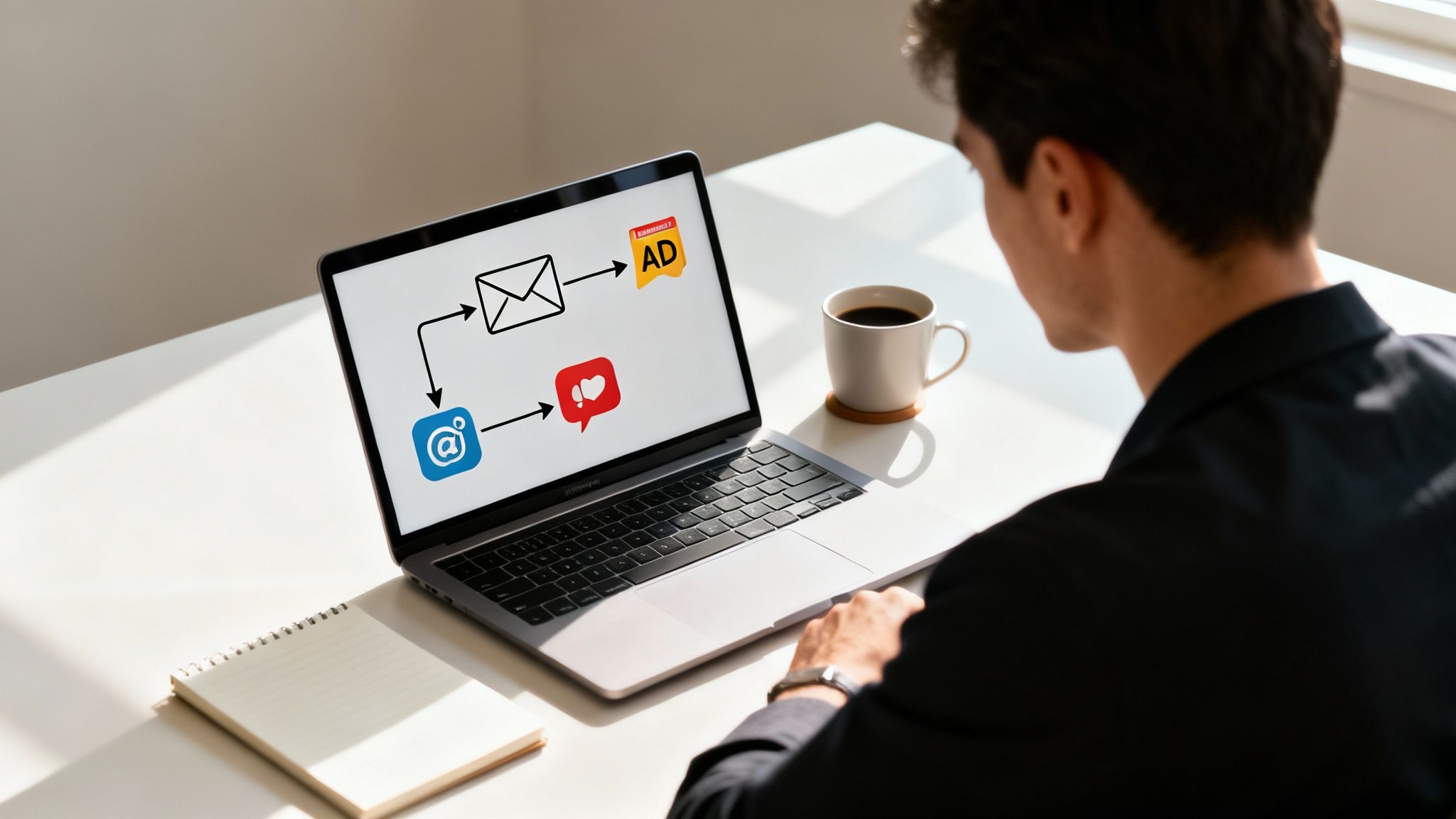 A person views a laptop screen showing a marketing automation workflow with email, ads, and social media engagement.