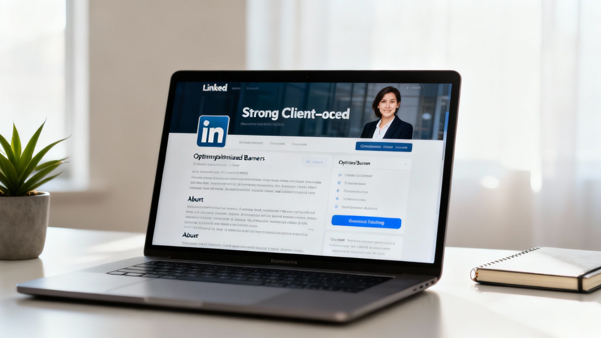A laptop on a white desk displaying a LinkedIn profile page with a woman's photo and 'Strong Client-oced' text.